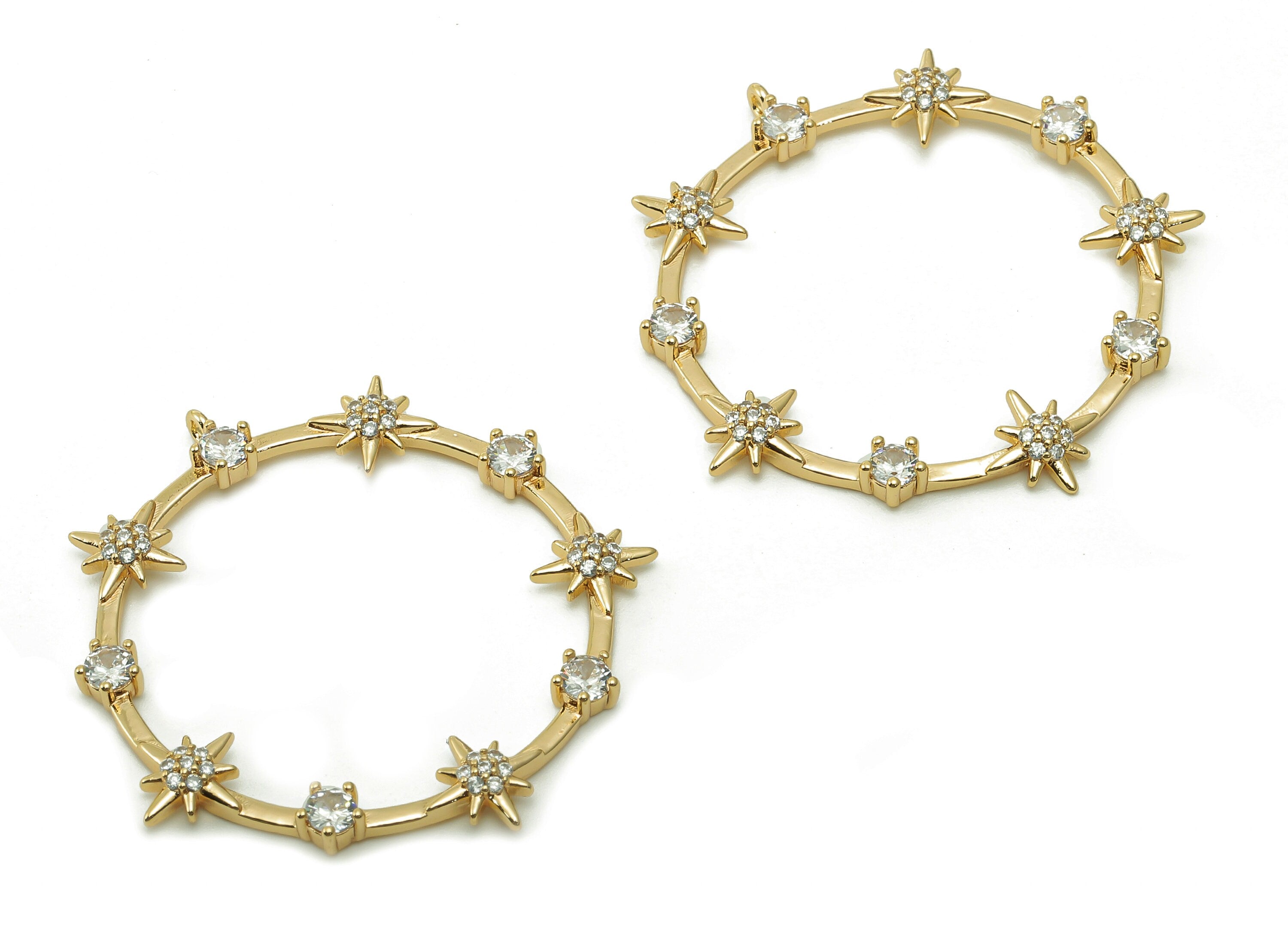 Brass Round Star Hoop Charm - Circle Earring With Zircon - North Star Pendant With Loop - 18K Real Gold Plating - 36.5x35.7x2.9mm - RGP5382 - DOMEDBAZAAR