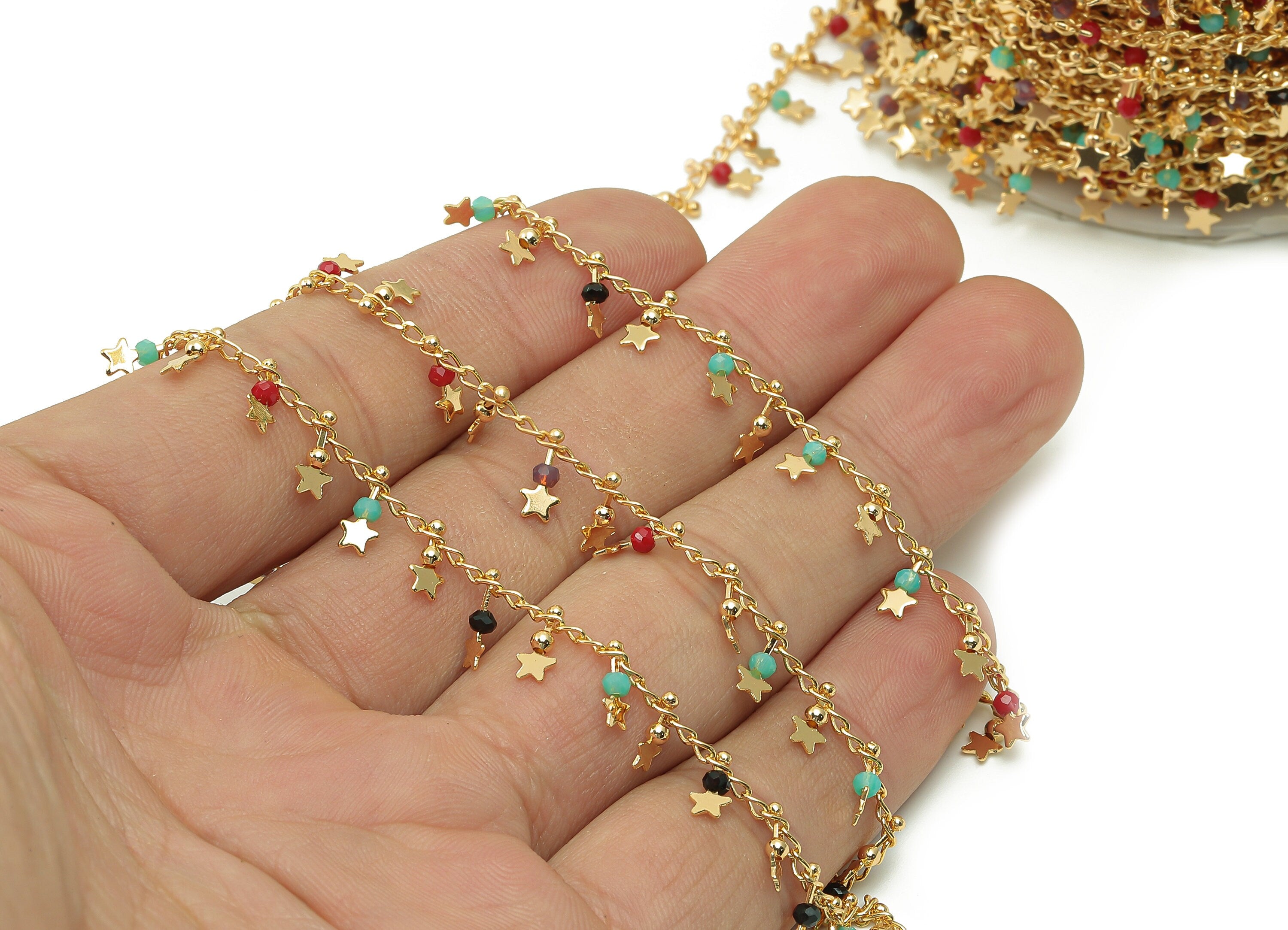 Brass Star Curb Beaded Chain - Acrylic Rainbow Beads Satellite Chain - Oval Charm For Bracelet - 18K Real Gold Plating-8.5x3.7x2.4mm-RGP5377 - DOMEDBAZAAR