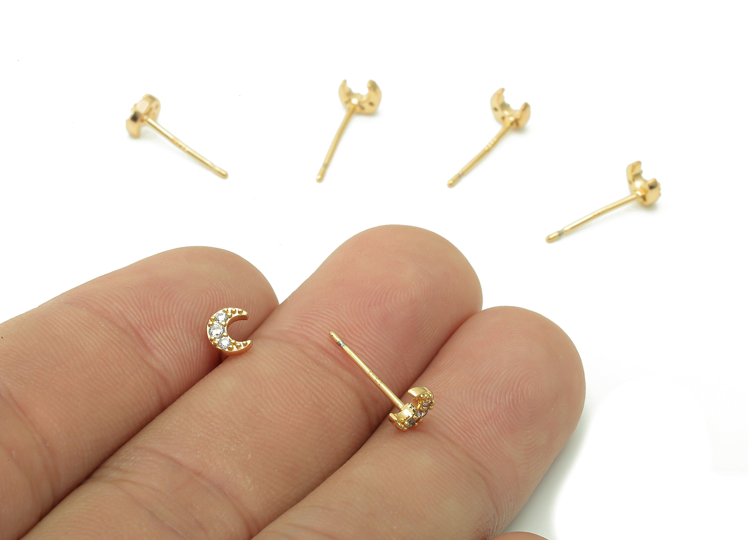 Brass Mini Crescent Earring Post - Zircon Moon Earring Stud - 925 Silver Stud - 18K Real Gold Plating Stud Earring - 5.1x4.5x1.7mm - RGP5372 - DOMEDBAZAAR