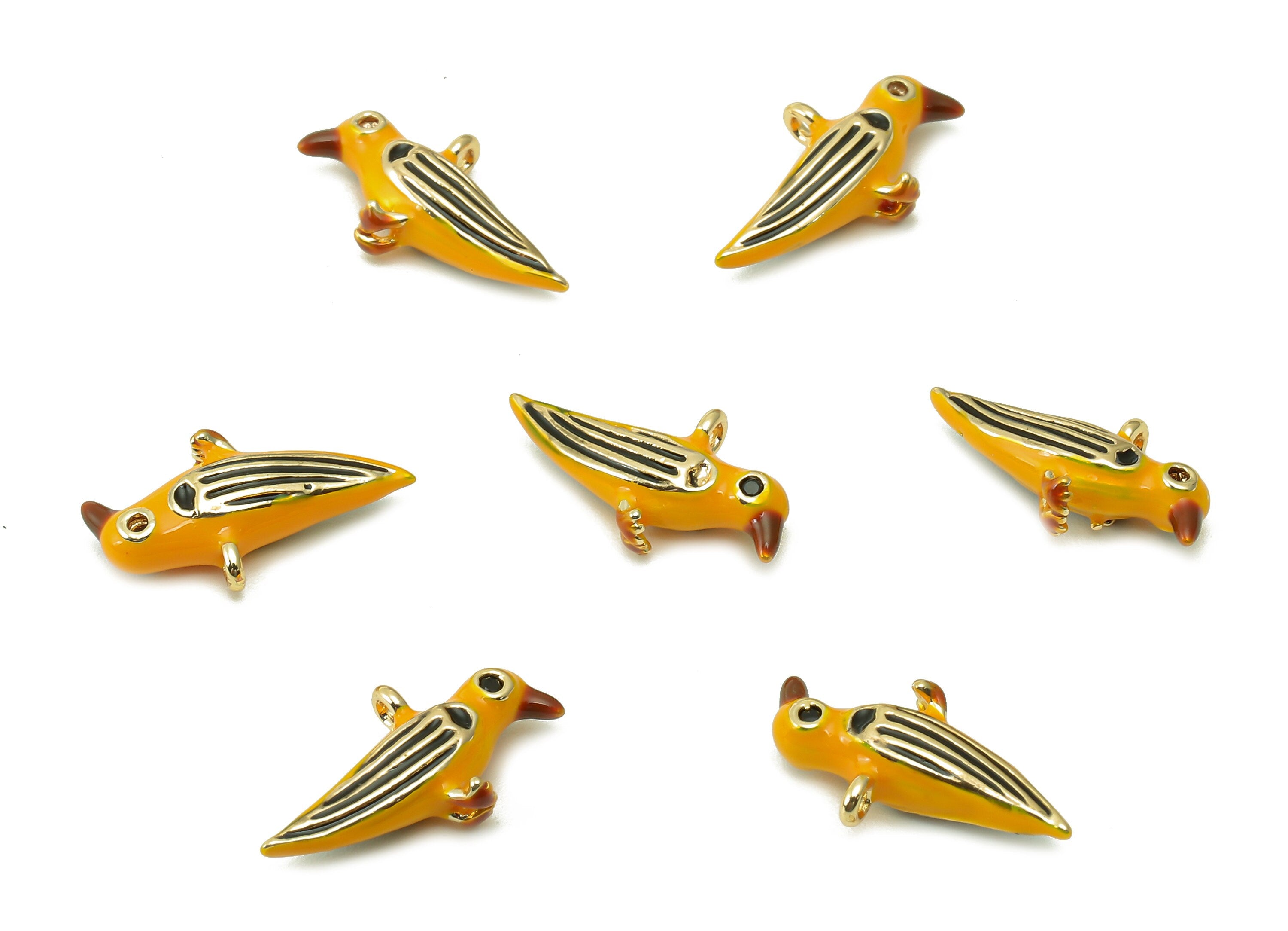 Brass Mini Parrot Earring Charm - Enamel Orange Parrot Bracelet Charm - Pendant With Loop - 18K Real Gold Plating - 15.2x8.3x3.8mm - RGP5368 - DOMEDBAZAAR