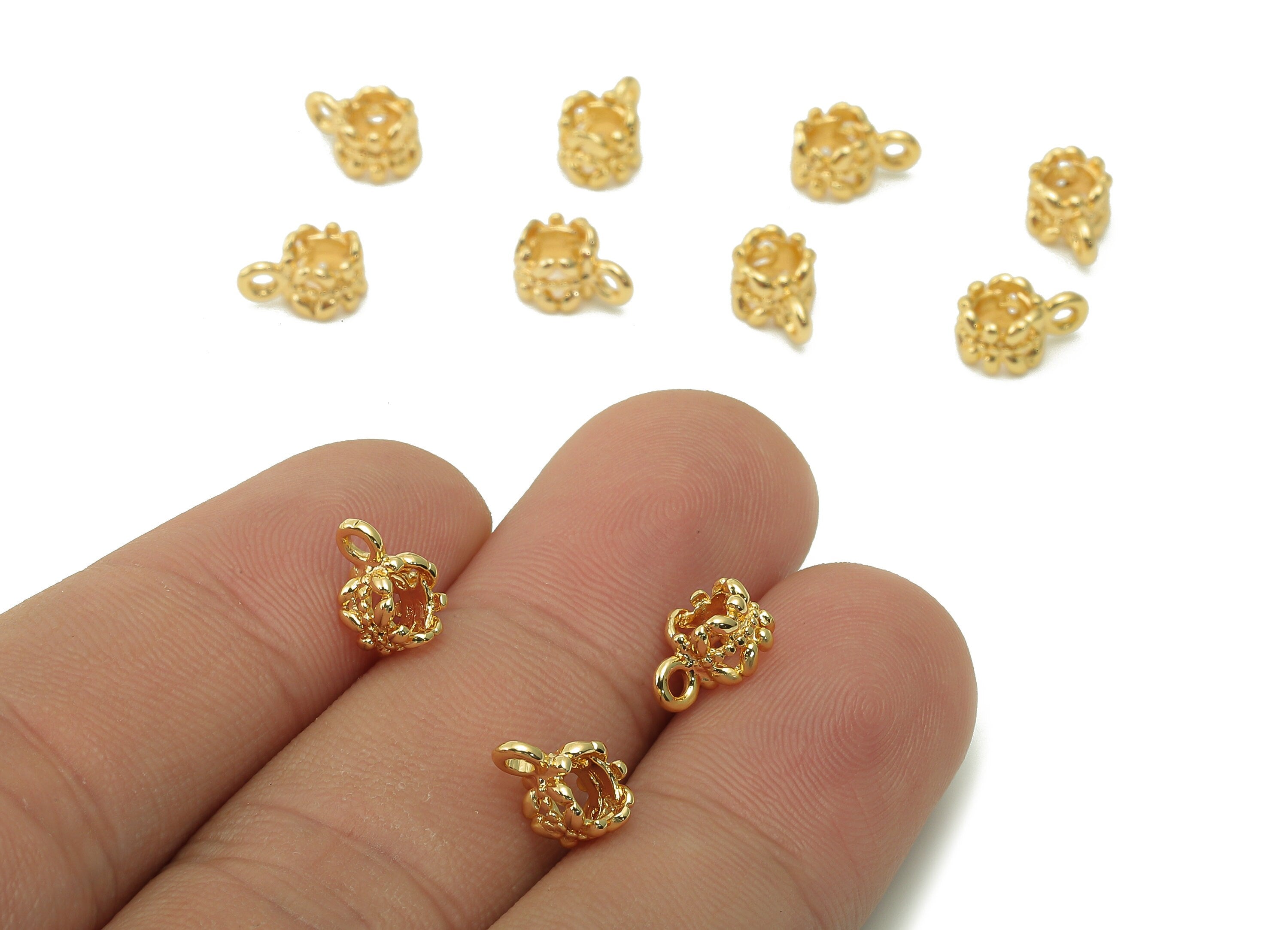 Brass Flower Earring Charm - Gold Mini Wreath Ring Earring - Pendant With Loop - 18K Real Gold Plating Bracelet - 8.8x5.8x1mm -RGP5389 - DOMEDBAZAAR