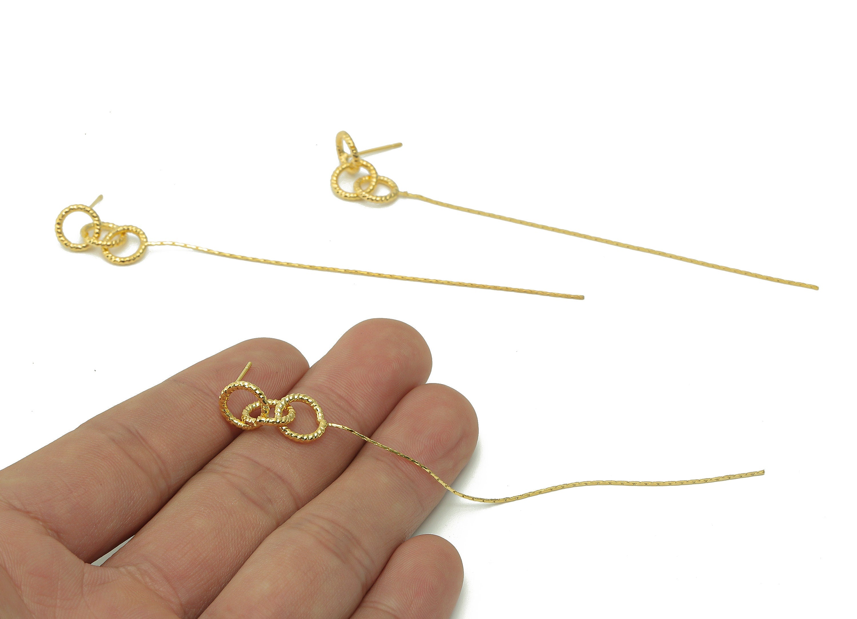 Brass Round Tassel Earring Post - Circle Snake Chain Earring Stud - Hanging Stud Earring - 18K Real Gold Plating - 101.5x9x1.4mm - RGP5390 - DOMEDBAZAAR