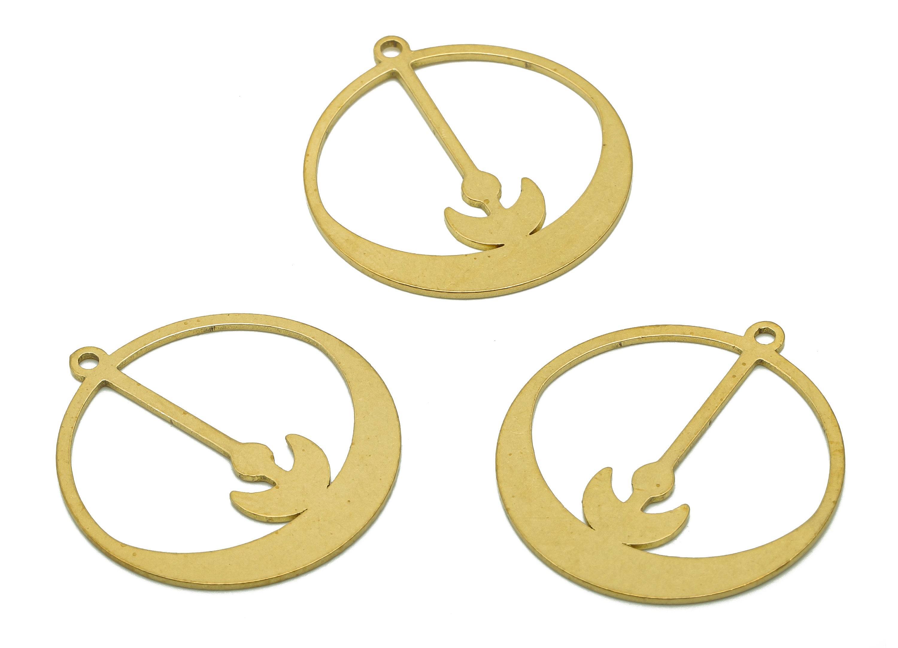 Brass Round Anchor Earring Charm - Raw Brass Crescent Cutout Earring - Circle Pendant With Loop - For Necklace - 27.9x25.5x0.8mm-PPA6098 - DOMEDBAZAAR