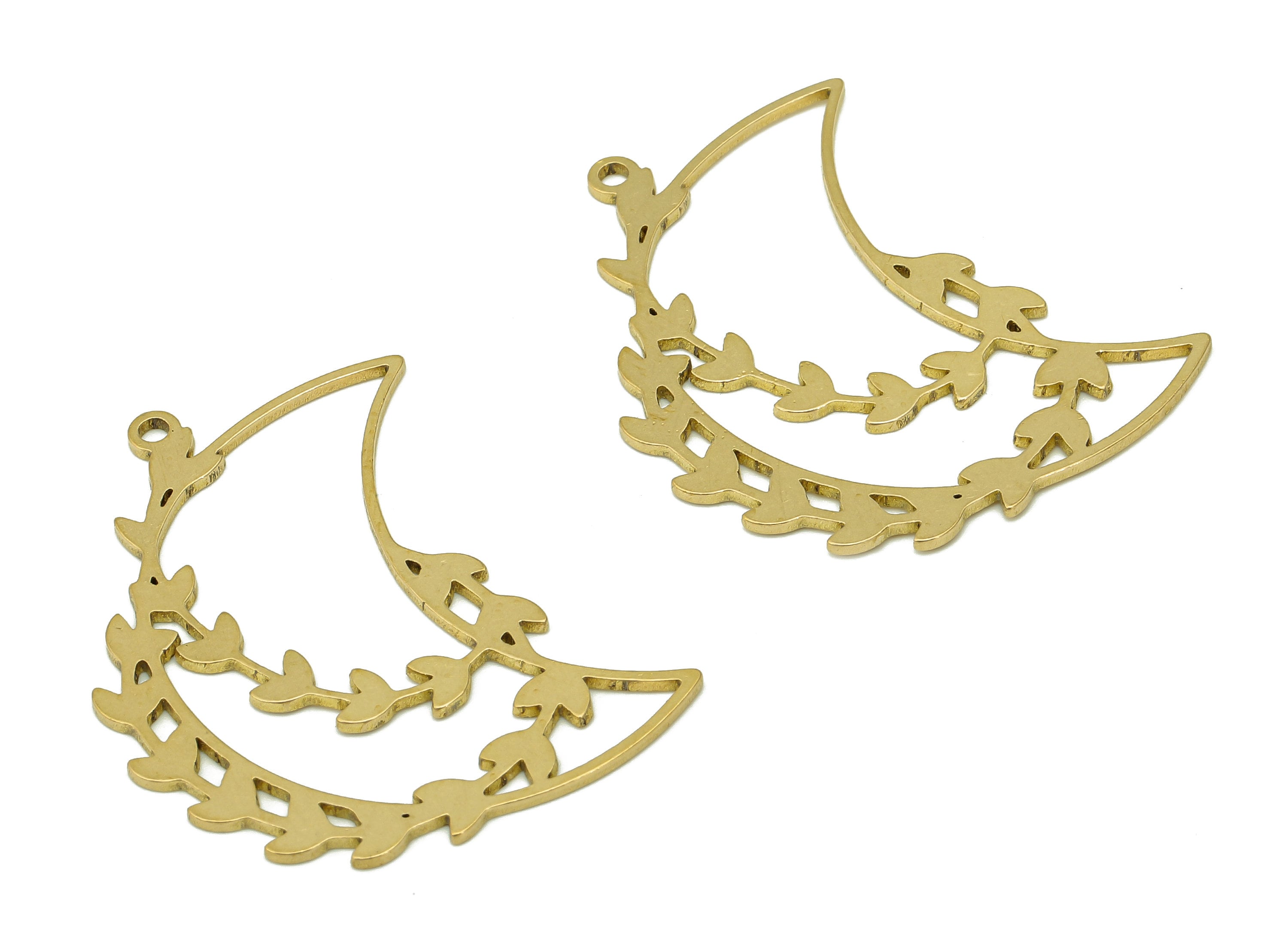 Brass Creeper Crescent Leaf Earring - Raw Brass Moon Earring Charm - Flower Hollow Pendant With Loop - Branch Charm -38.7x23.1x0.8mm-PPA6735 - DOMEDBAZAAR
