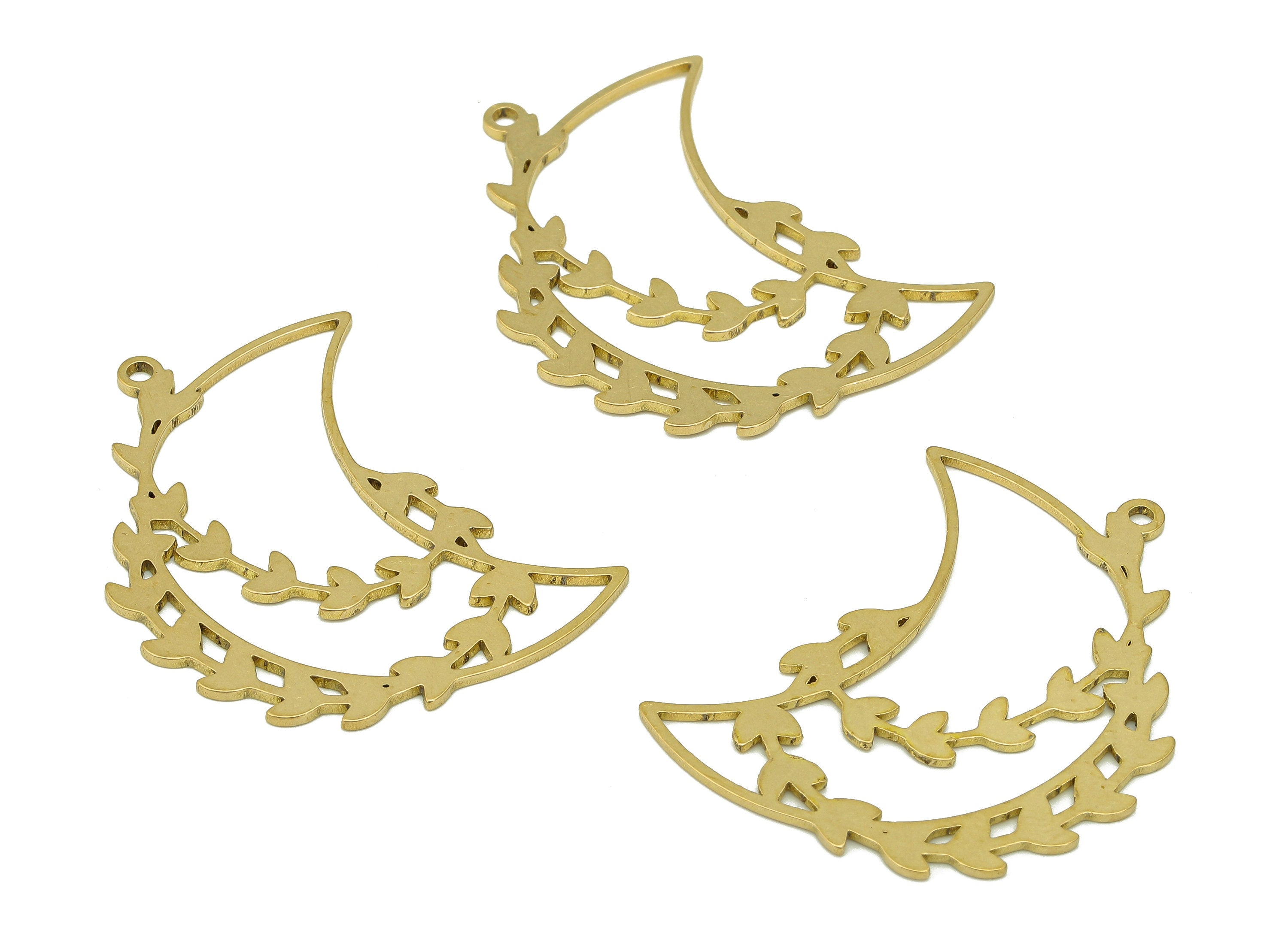 Brass Creeper Crescent Leaf Earring - Raw Brass Moon Earring Charm - Flower Hollow Pendant With Loop - Branch Charm -38.7x23.1x0.8mm-PPA6735 - DOMEDBAZAAR