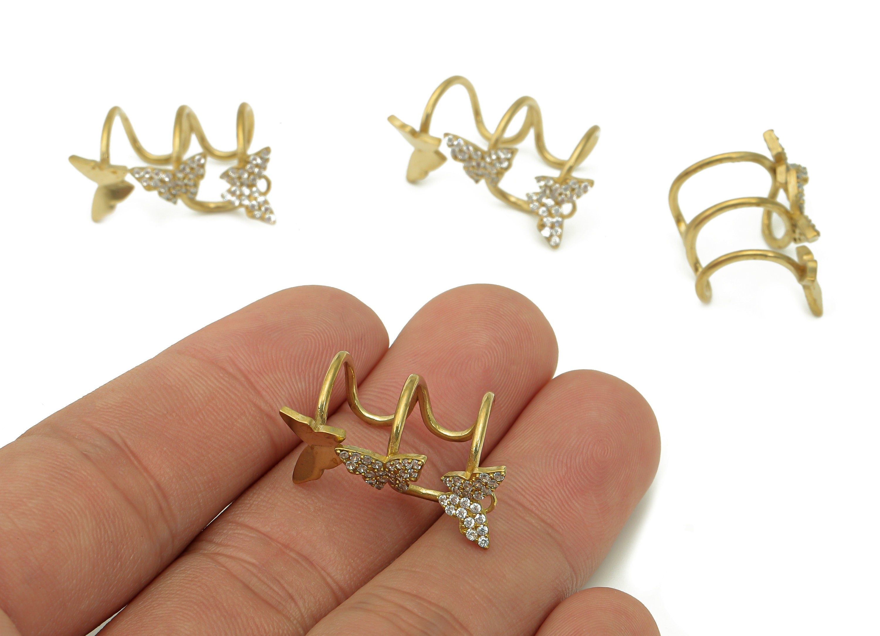 Brass Butterfly Open Round Ring - Raw Brass Cuff Earring With Zircon - C Circle Hoop Hollow Ear Cuff - Gift For Her - 25.8x8.3x1.3mm -PP8084 - DOMEDBAZAAR