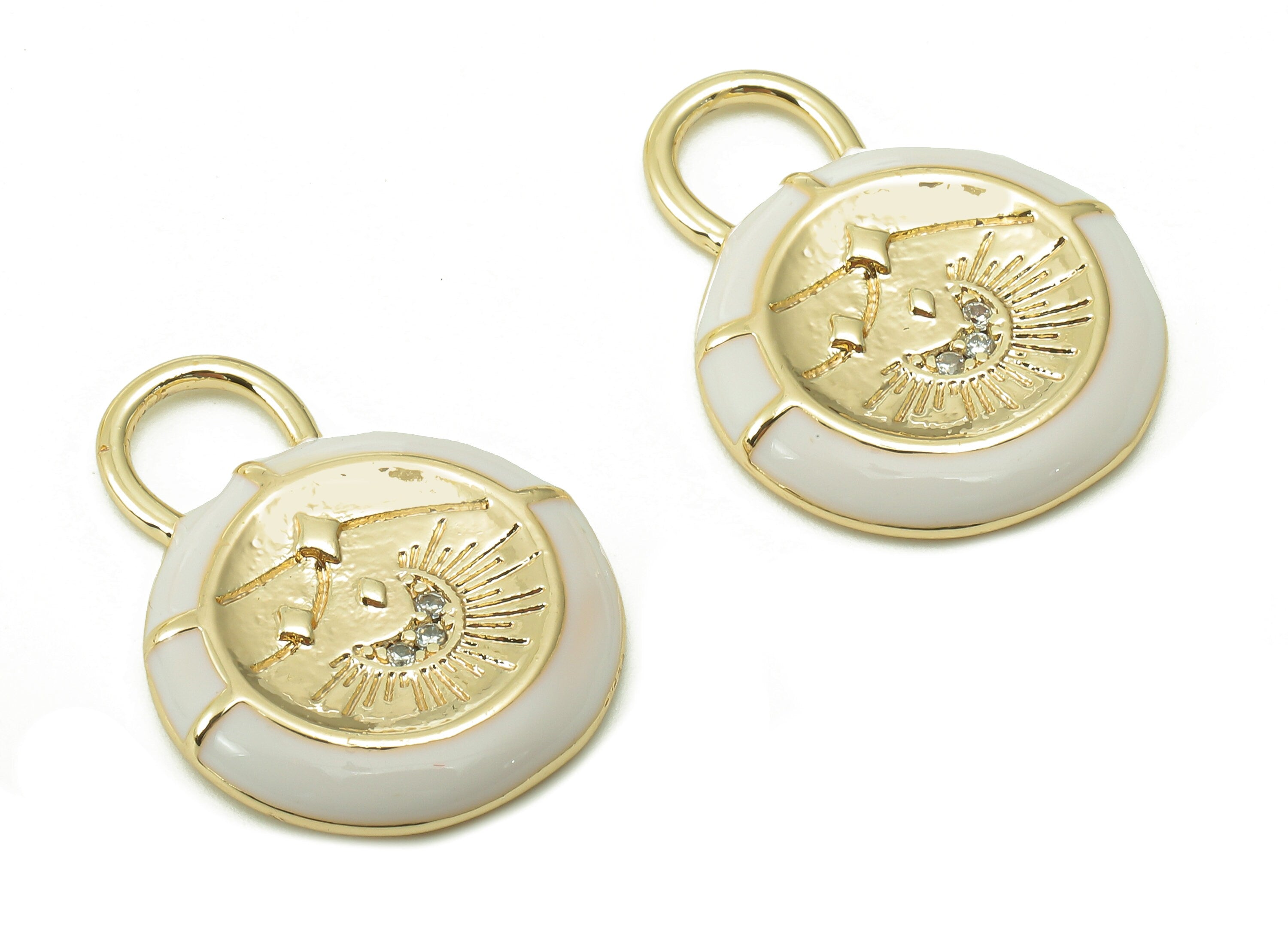 Brass Round Earring Charm - Zircon Crescent White Enamel Earring - Circle Pendant With Loop - 18K Real Gold Plating -24.3x18.1x3.2mm-RGP5396 - DOMEDBAZAAR