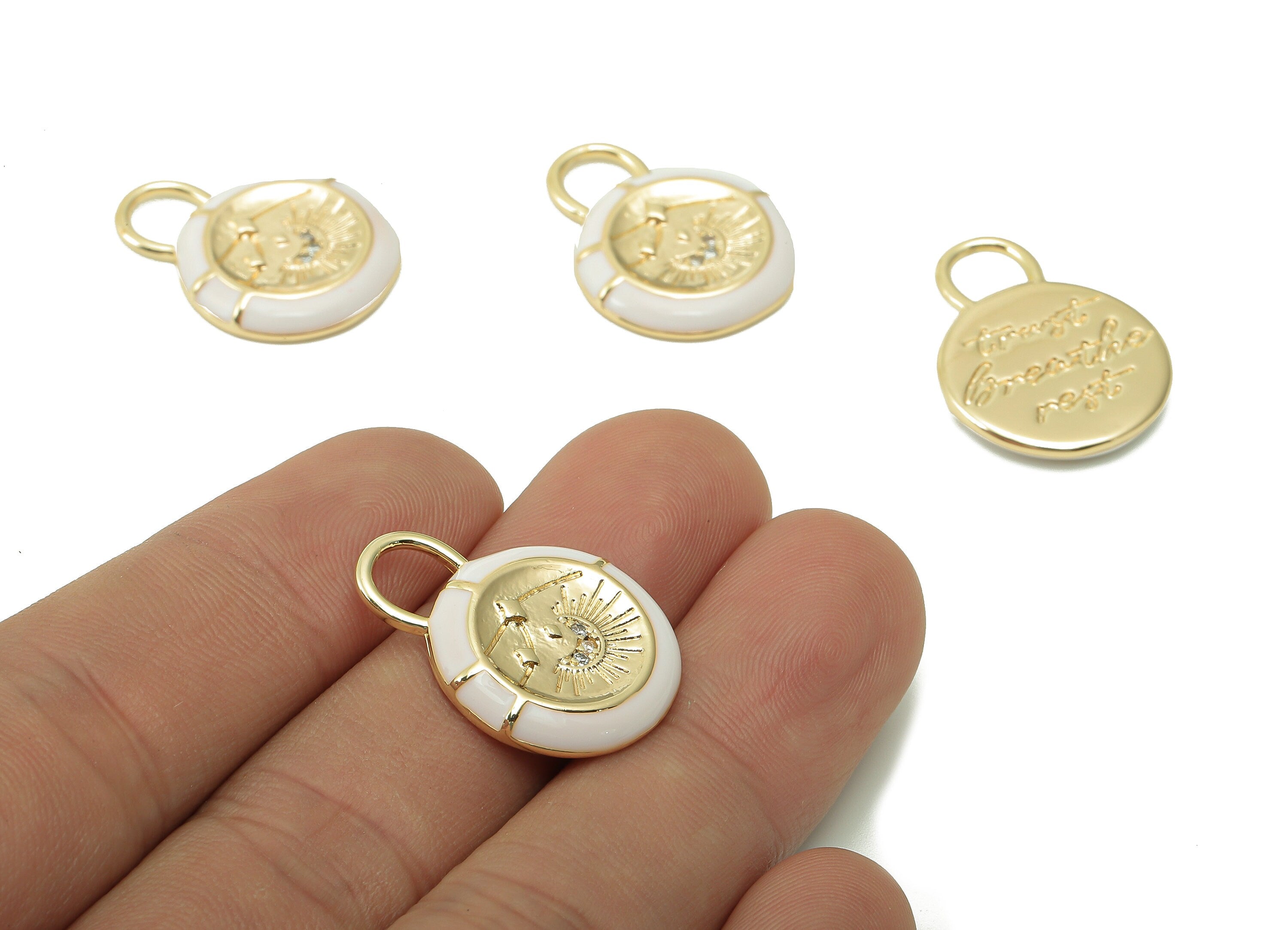 Brass Round Earring Charm - Zircon Crescent White Enamel Earring - Circle Pendant With Loop - 18K Real Gold Plating -24.3x18.1x3.2mm-RGP5396 - DOMEDBAZAAR