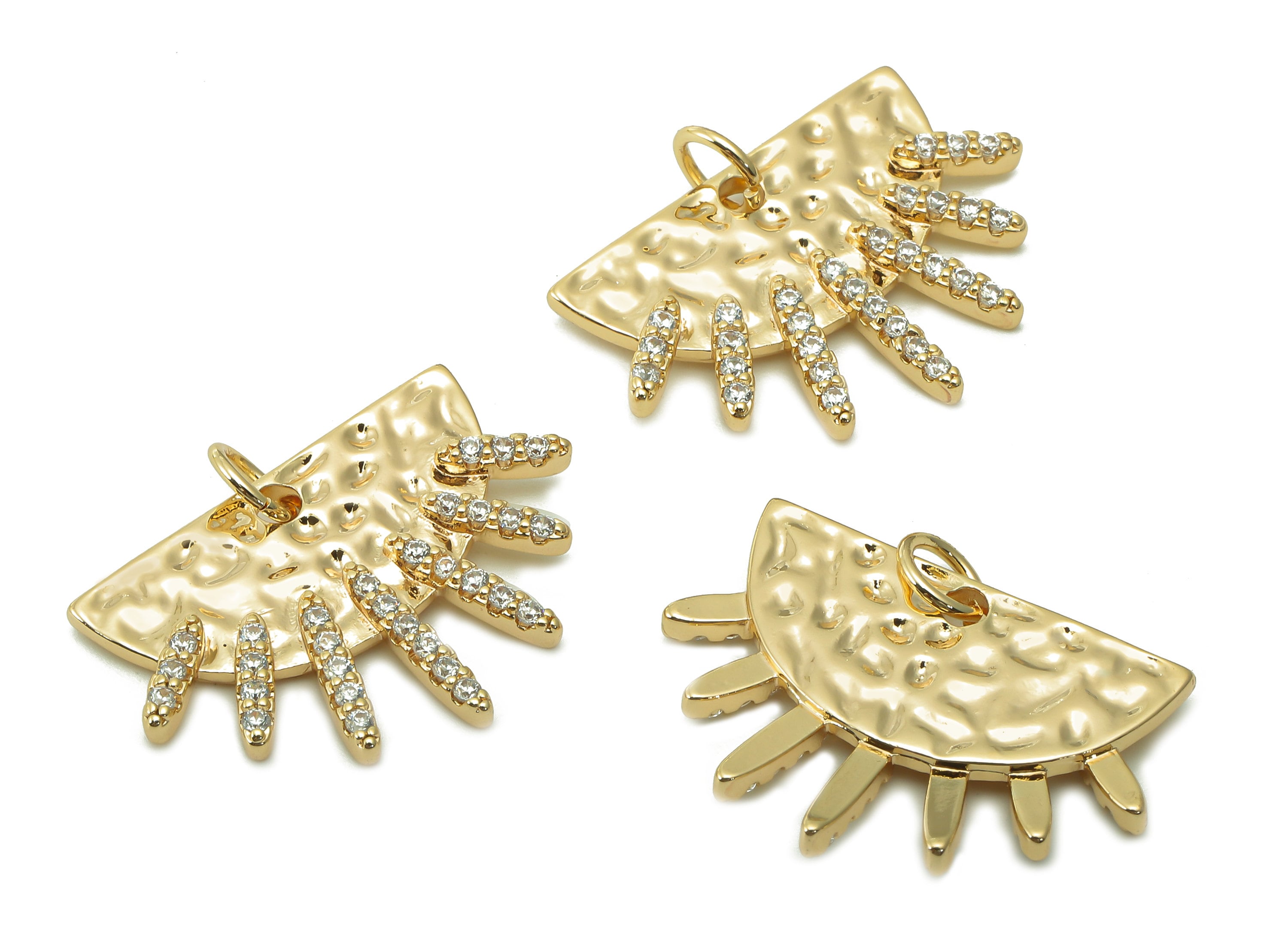 Brass Hammered Sun Earring Charm - Zircon Gold Semicircle Earring - Pendant With Loop - 18K Real Gold Plating Charm -23.5x16.9x2.3mm-RGP5397 - DOMEDBAZAAR