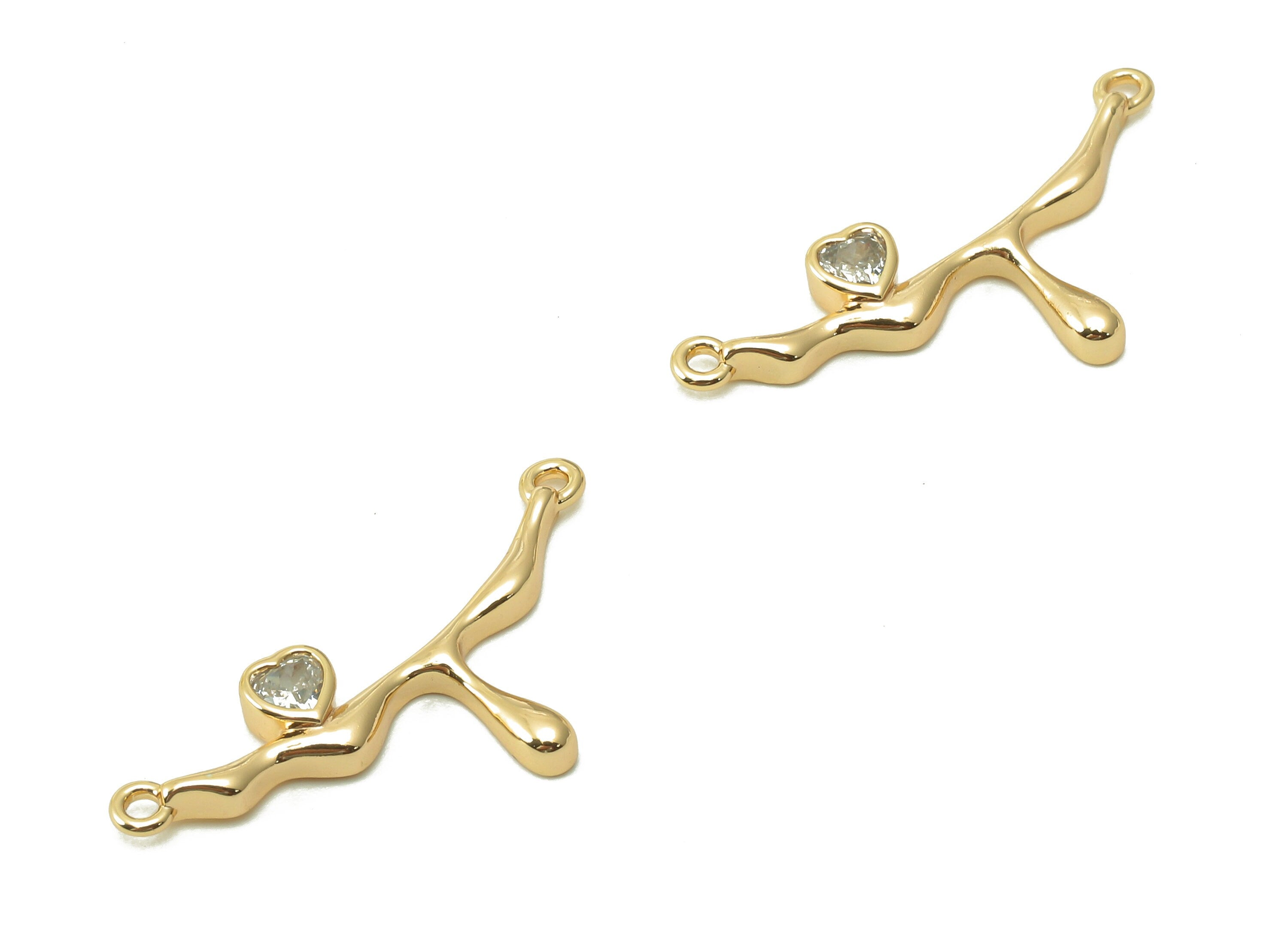 Brass Heart Zircon Earring Connetors - Gold Melting Connector - Pendant With 2 Loops - 18K Real Gold Plating Charm - 24.7x10.9x2.3mm-RGP5398 - DOMEDBAZAAR