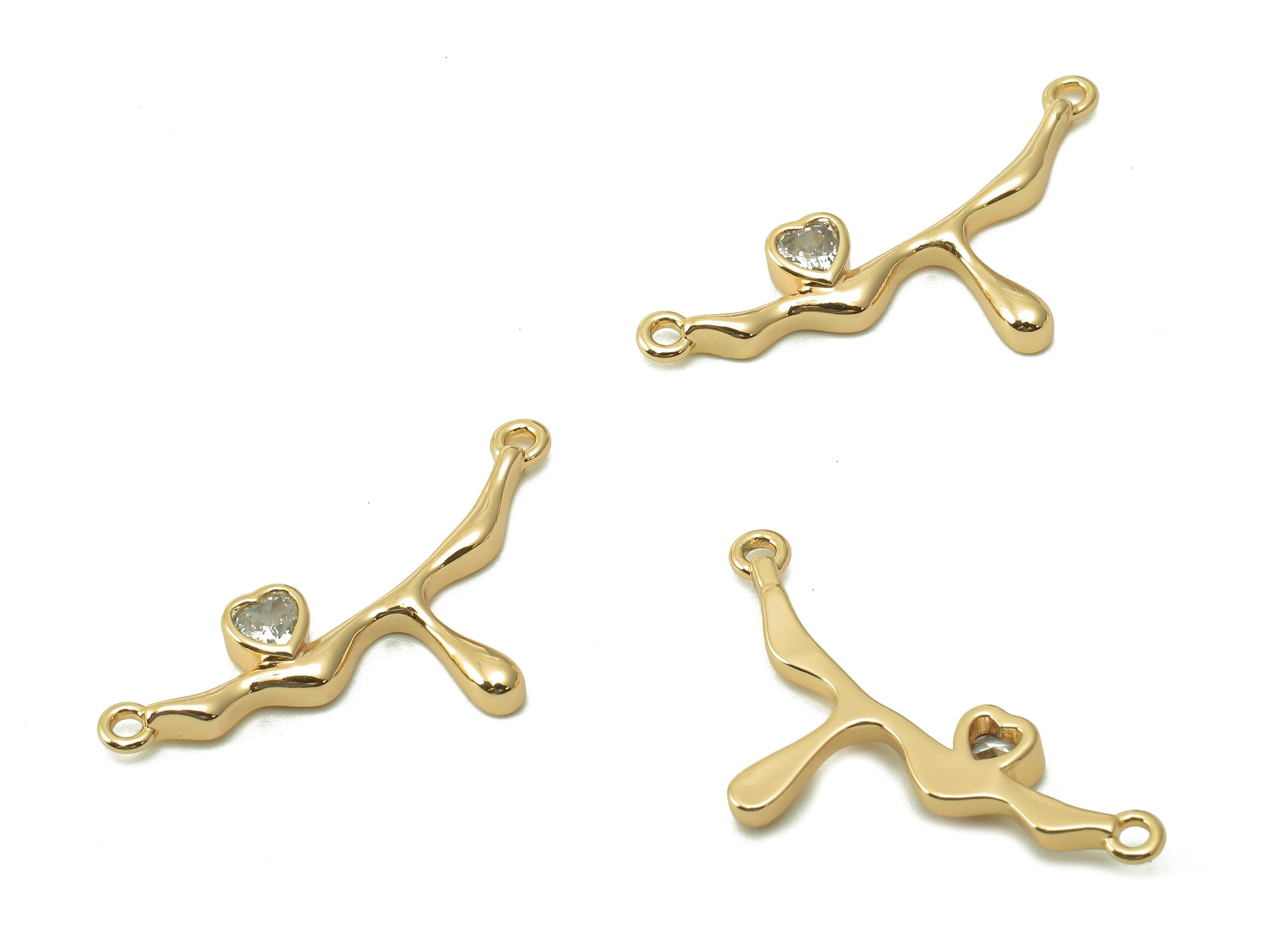 Brass Heart Zircon Earring Connetors - Gold Melting Connector - Pendant With 2 Loops - 18K Real Gold Plating Charm - 24.7x10.9x2.3mm-RGP5398 - DOMEDBAZAAR