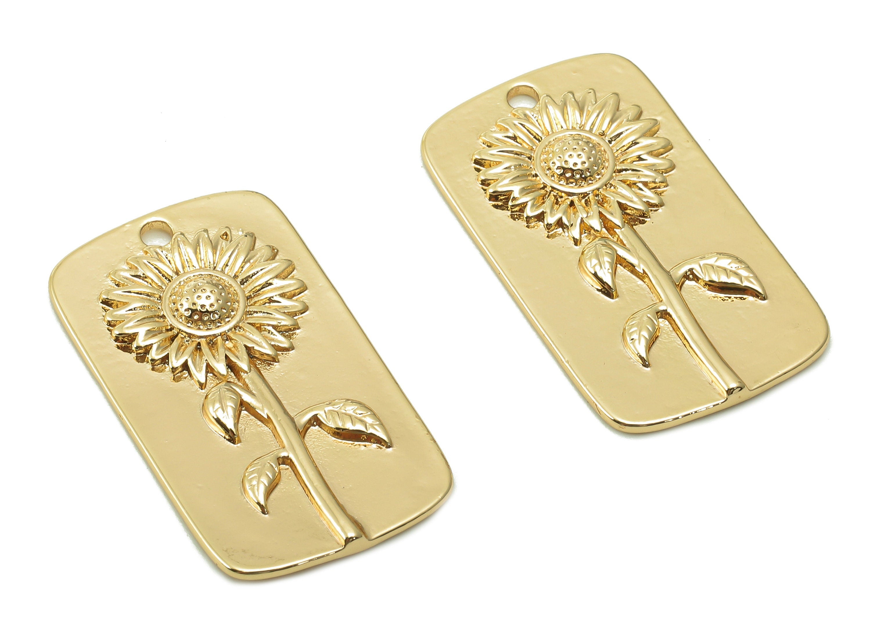 Brass Rectangle Plant Earring Charms - Gold Relief Sunflower Charm - Botanical Pendant - 18K Real Gold Plating - 28.3x15.8x2.1mm - RGP5402 - DOMEDBAZAAR