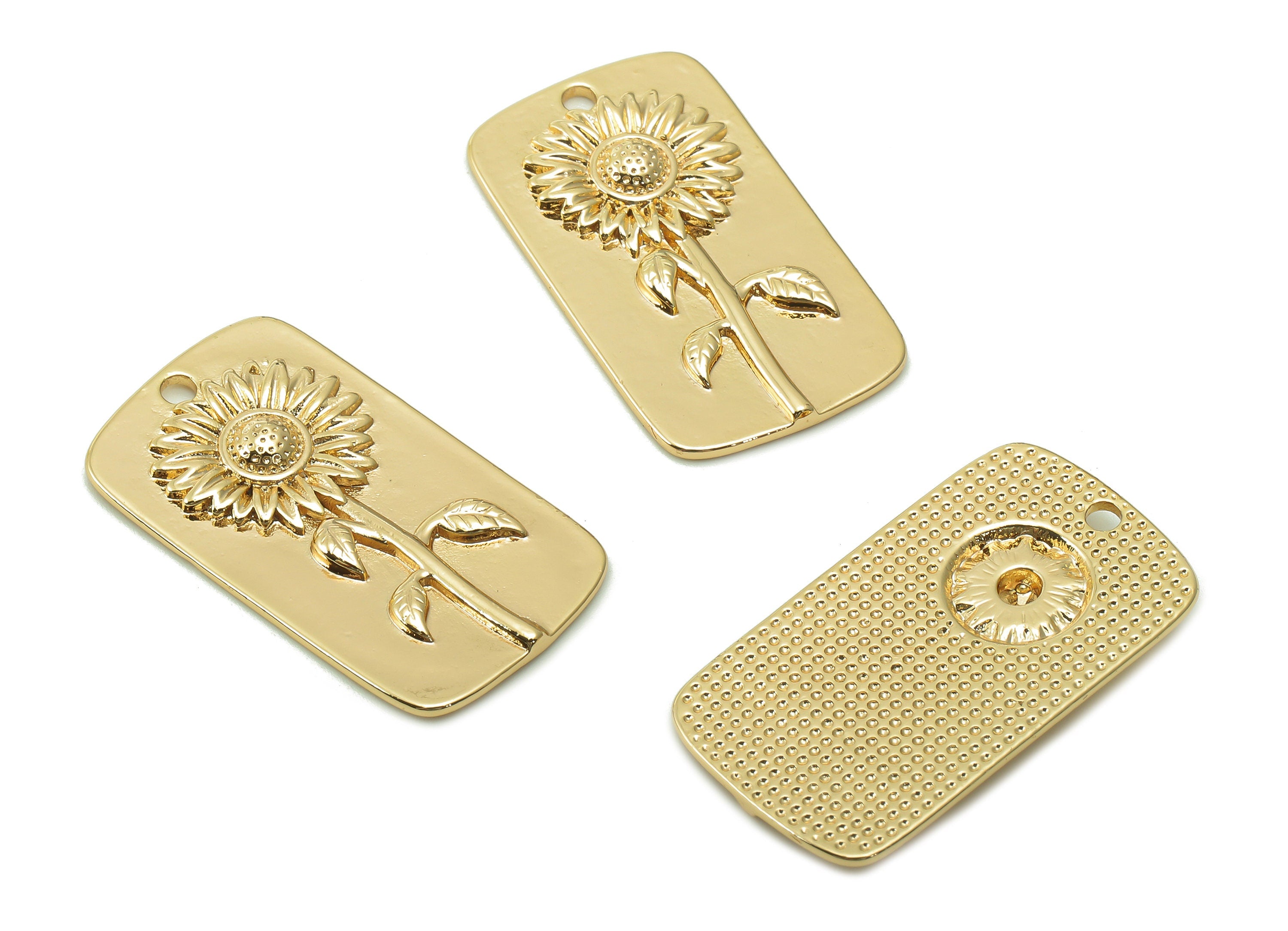 Brass Rectangle Plant Earring Charms - Gold Relief Sunflower Charm - Botanical Pendant - 18K Real Gold Plating - 28.3x15.8x2.1mm - RGP5402 - DOMEDBAZAAR
