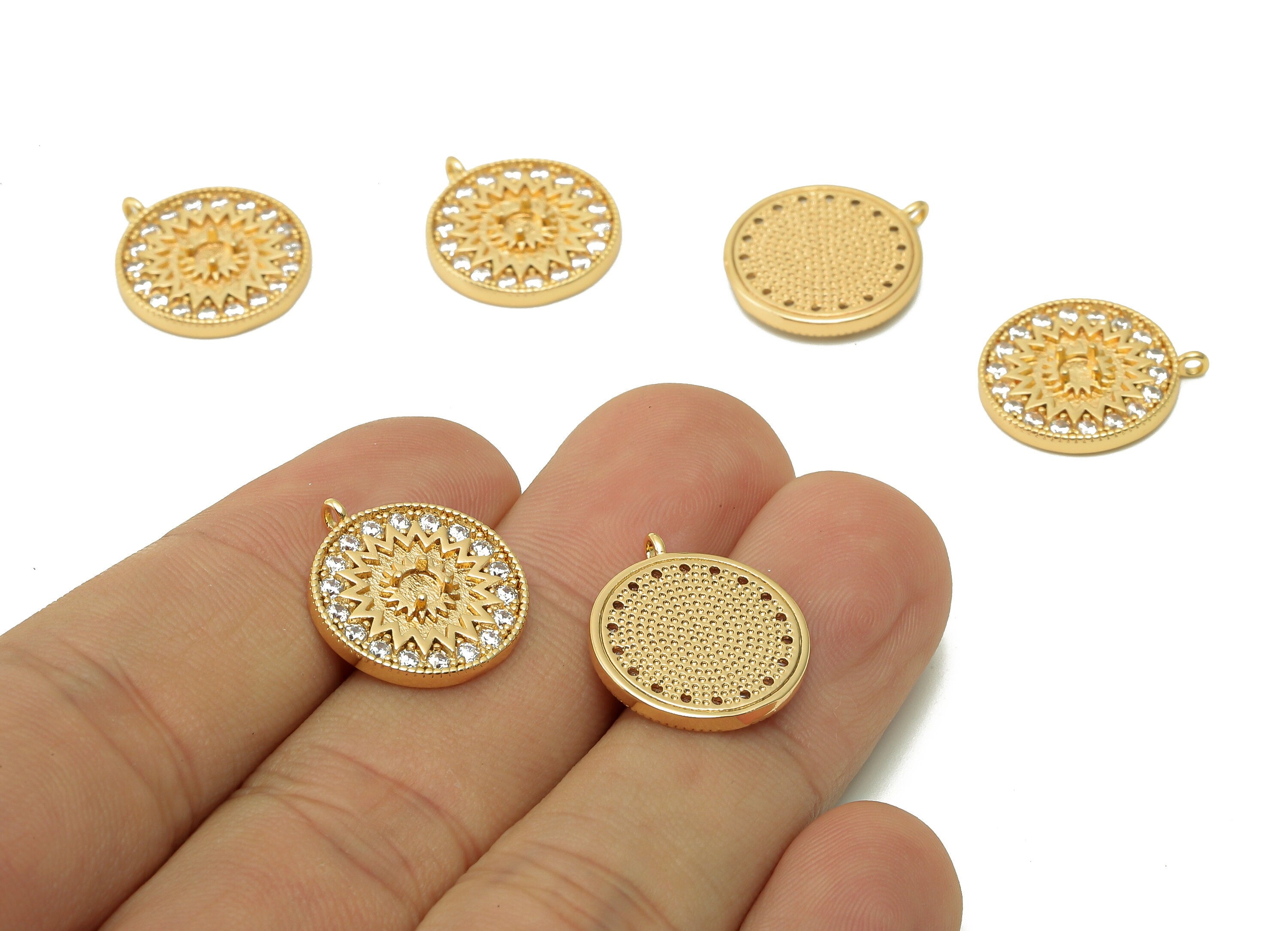 Brass Zig Zag Round Charm - Zircon Gold Flower Sun Earring - Circle Pendant With Loop - 18K Real Gold Plating Charm -17.7x15.6x2.8mm-RGP5407 - DOMEDBAZAAR