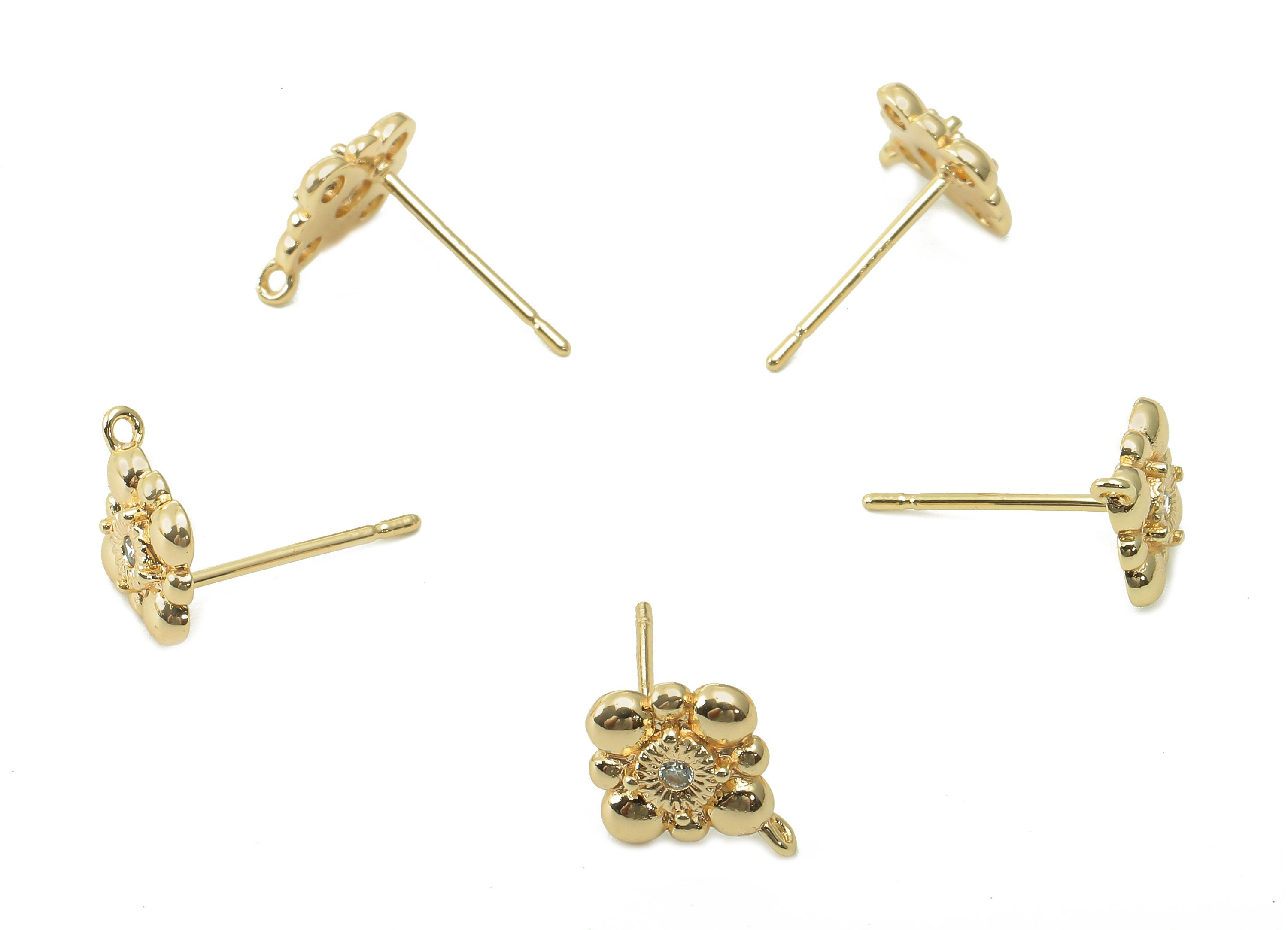 Brass Diamond Zircon Earring Post - Rhombus Bubbles Stud Earring With Loop - 925 Silver Needle - 18K Real Gold Plating -10.8x9x1.8mm-RGP5408 - DOMEDBAZAAR