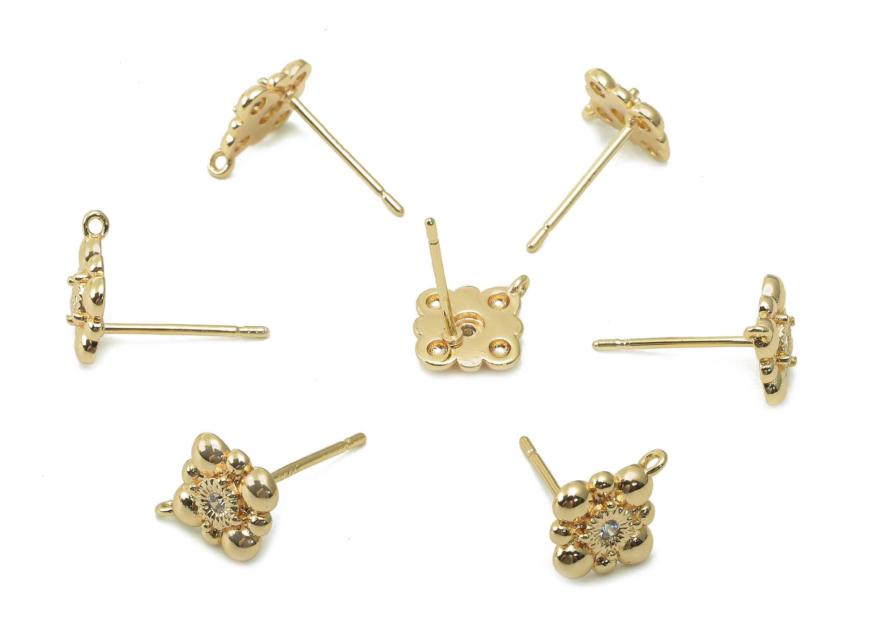 Brass Diamond Zircon Earring Post - Rhombus Bubbles Stud Earring With Loop - 925 Silver Needle - 18K Real Gold Plating -10.8x9x1.8mm-RGP5408 - DOMEDBAZAAR