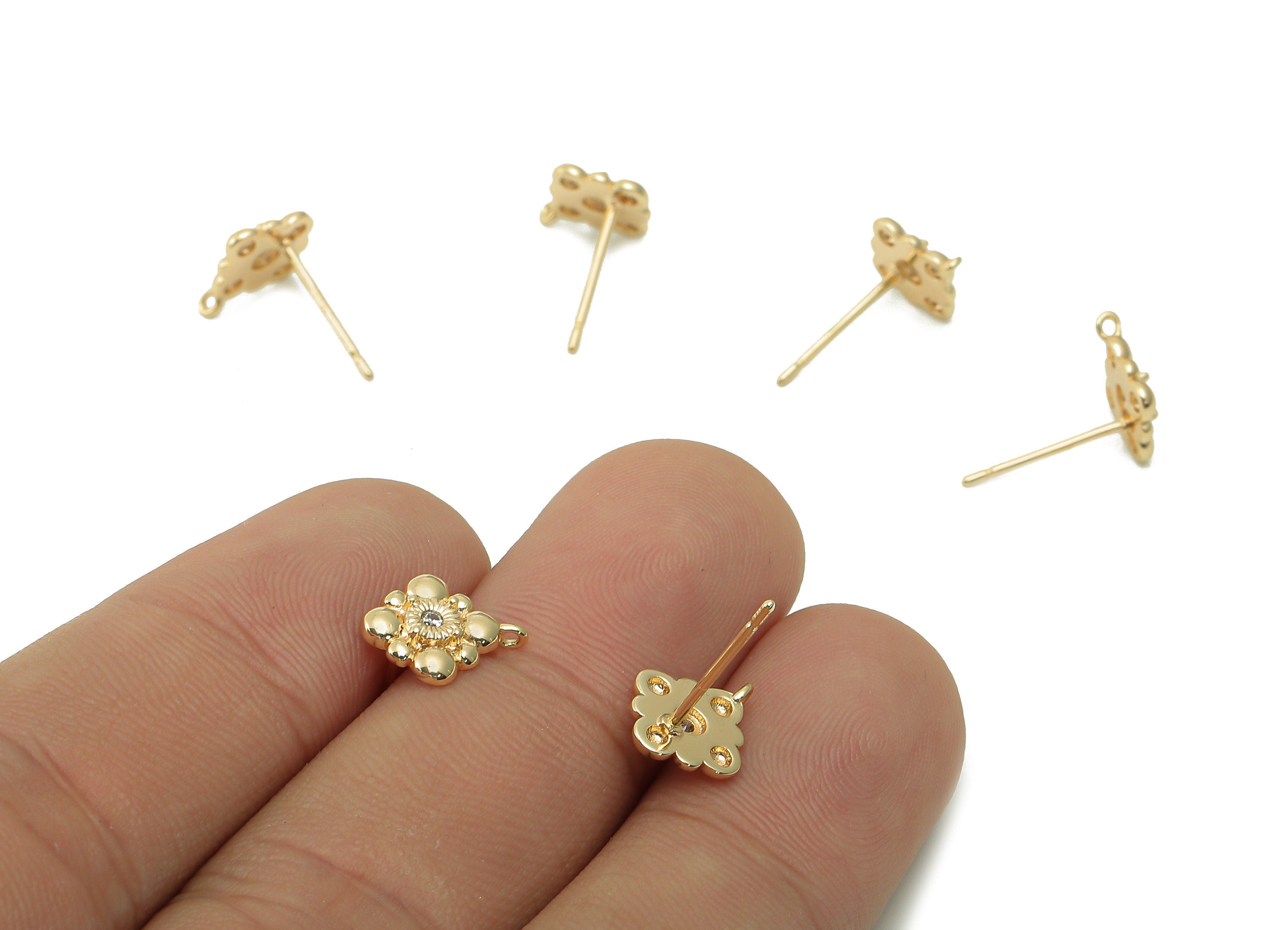 Brass Diamond Zircon Earring Post - Rhombus Bubbles Stud Earring With Loop - 925 Silver Needle - 18K Real Gold Plating -10.8x9x1.8mm-RGP5408 - DOMEDBAZAAR