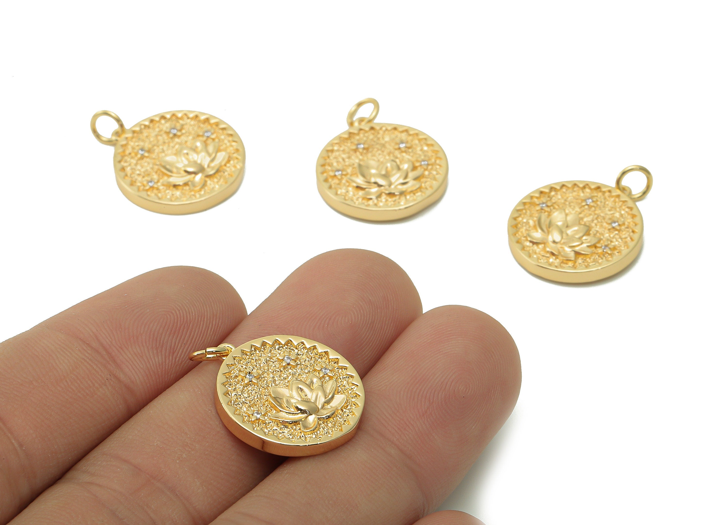 Brass Zig Zag Round Pendant - Zircon Lotus Flower Earring - Botanical Charm With Loop - 18K Real Gold Plating - 19.5x17.5x2.5mm - RGP5409A - DOMEDBAZAAR