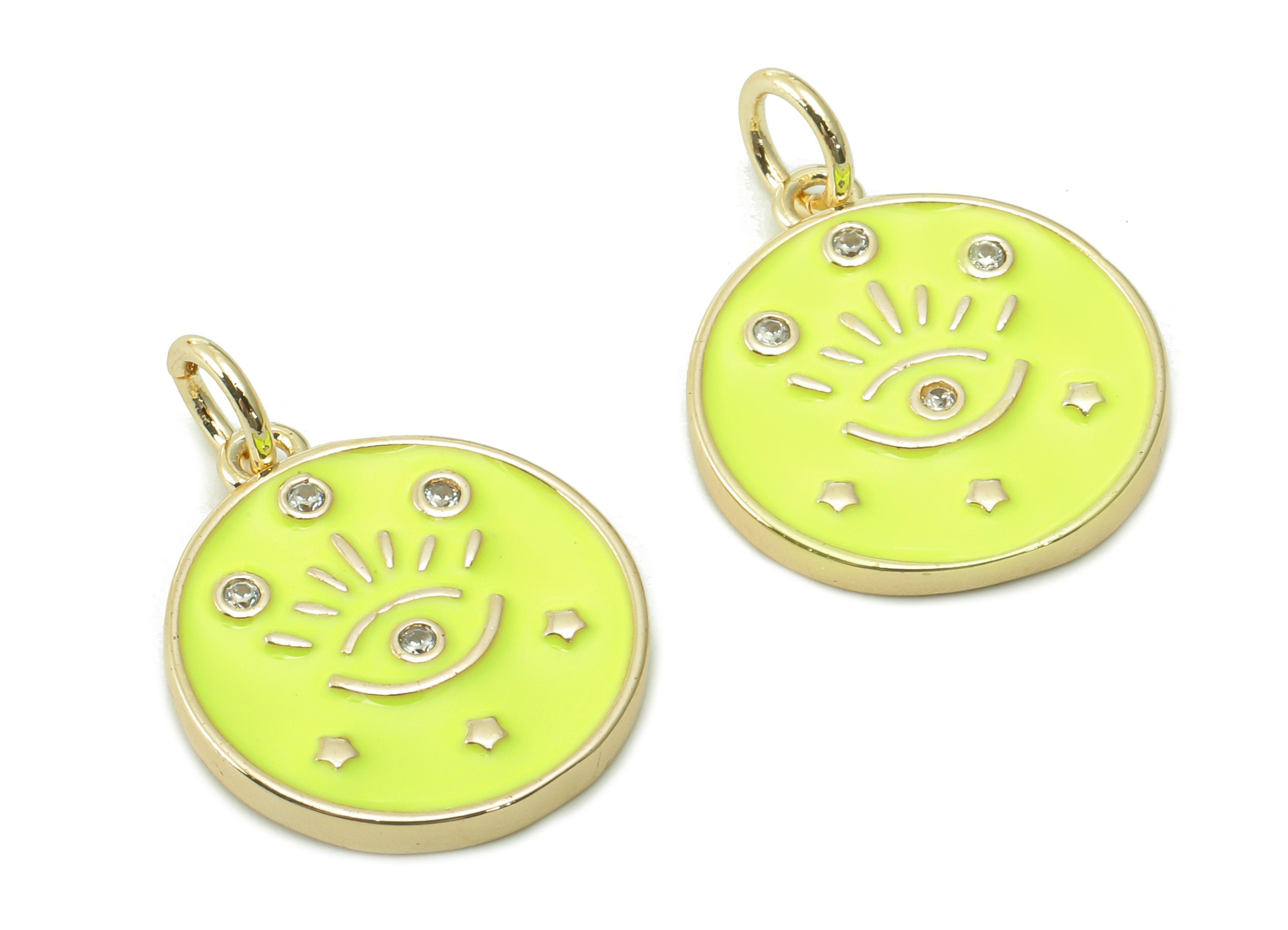 Brass Round Eyelash Pendant - Zircon Eye Bright Yellow Enamel Earring - Star Charm With Loop - 18K Real Gold Plating -17.1x15x1.8mm-RGP5426A - DOMEDBAZAAR