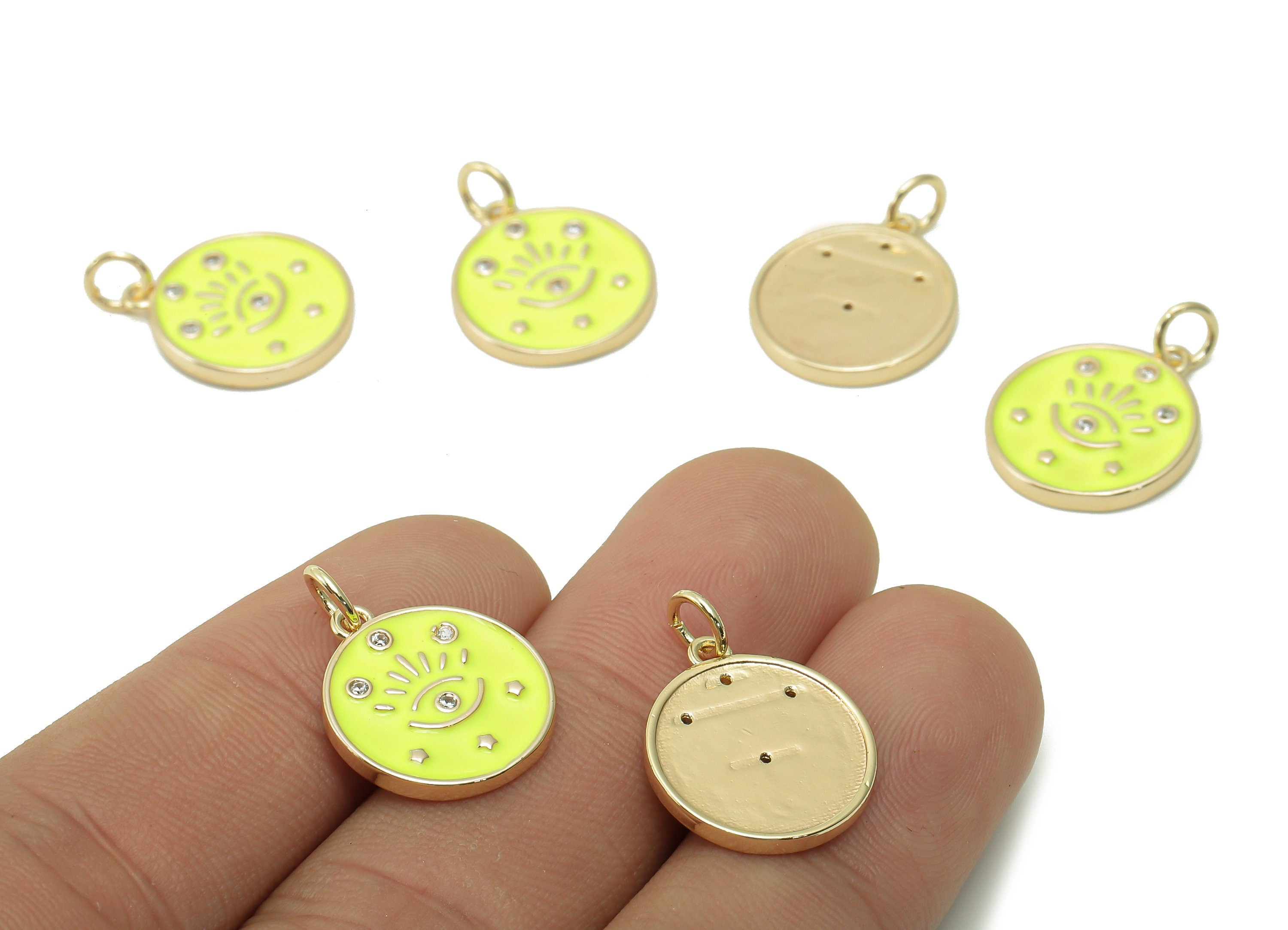Brass Round Eyelash Pendant - Zircon Eye Bright Yellow Enamel Earring - Star Charm With Loop - 18K Real Gold Plating -17.1x15x1.8mm-RGP5426A - DOMEDBAZAAR