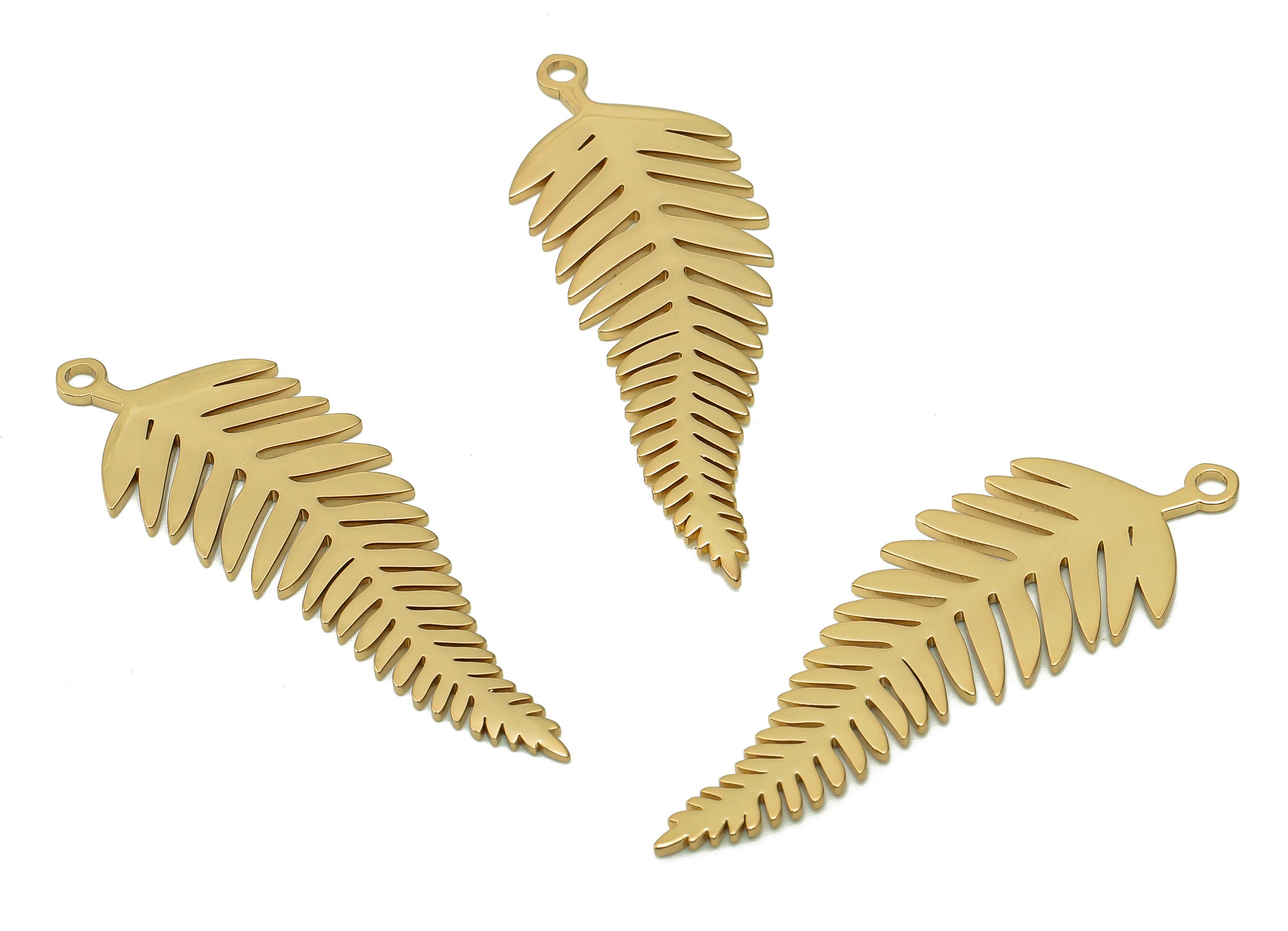 Steel Needle-leaved Earring - Leaf Pendant With Loop - 201 Stainless Steel - 18K Real Gold Plating Sandarac Charm - 39.6x13.4x1.1mm -SS1397G - DOMEDBAZAAR