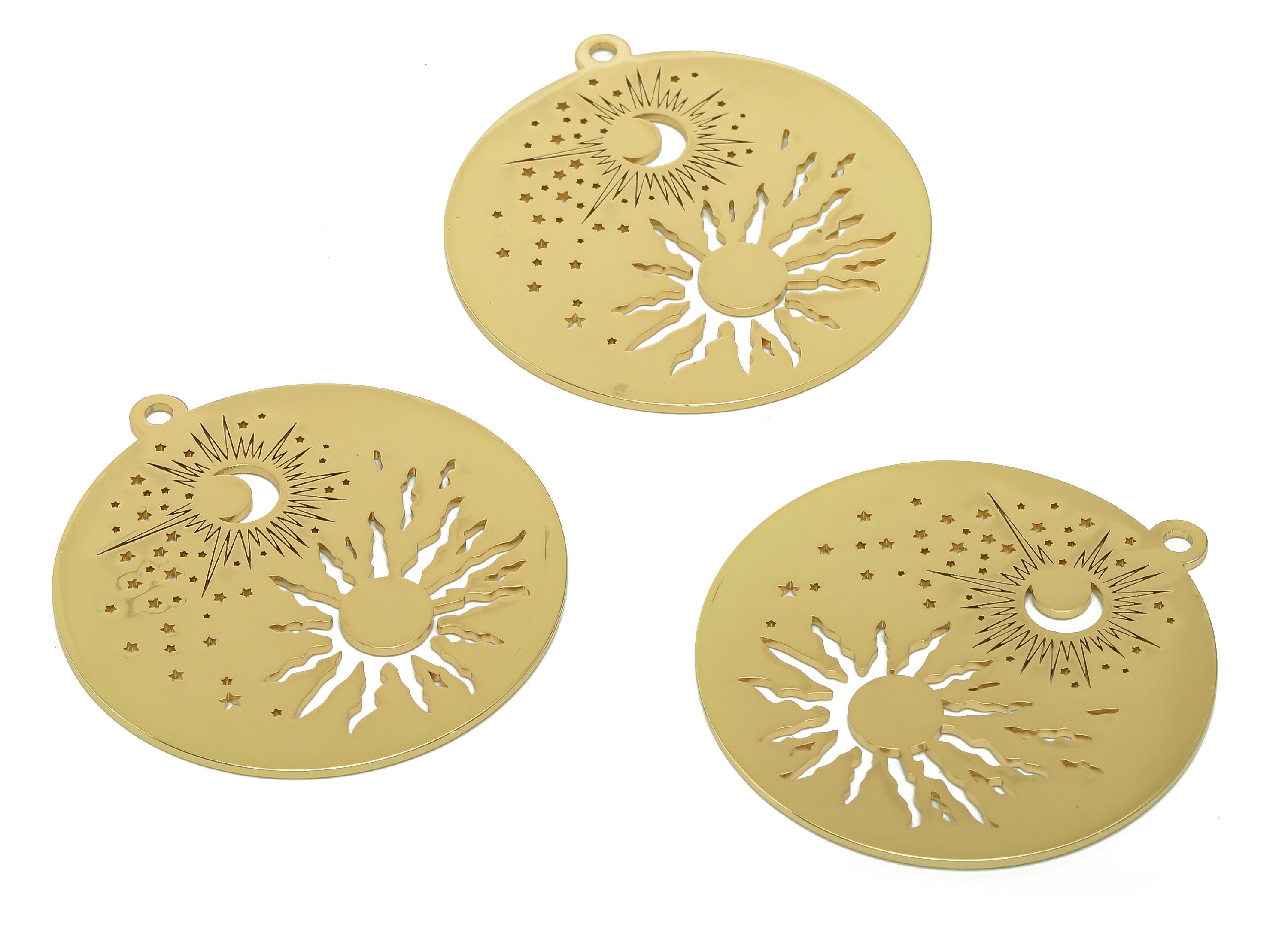 Steel Round Sun Space Earring - Crescent Star Pendant With Loop - 201 Stainless Steel - 18K Real Gold Plating Galaxy Charm-38x35x1mm-SS1400G - DOMEDBAZAAR