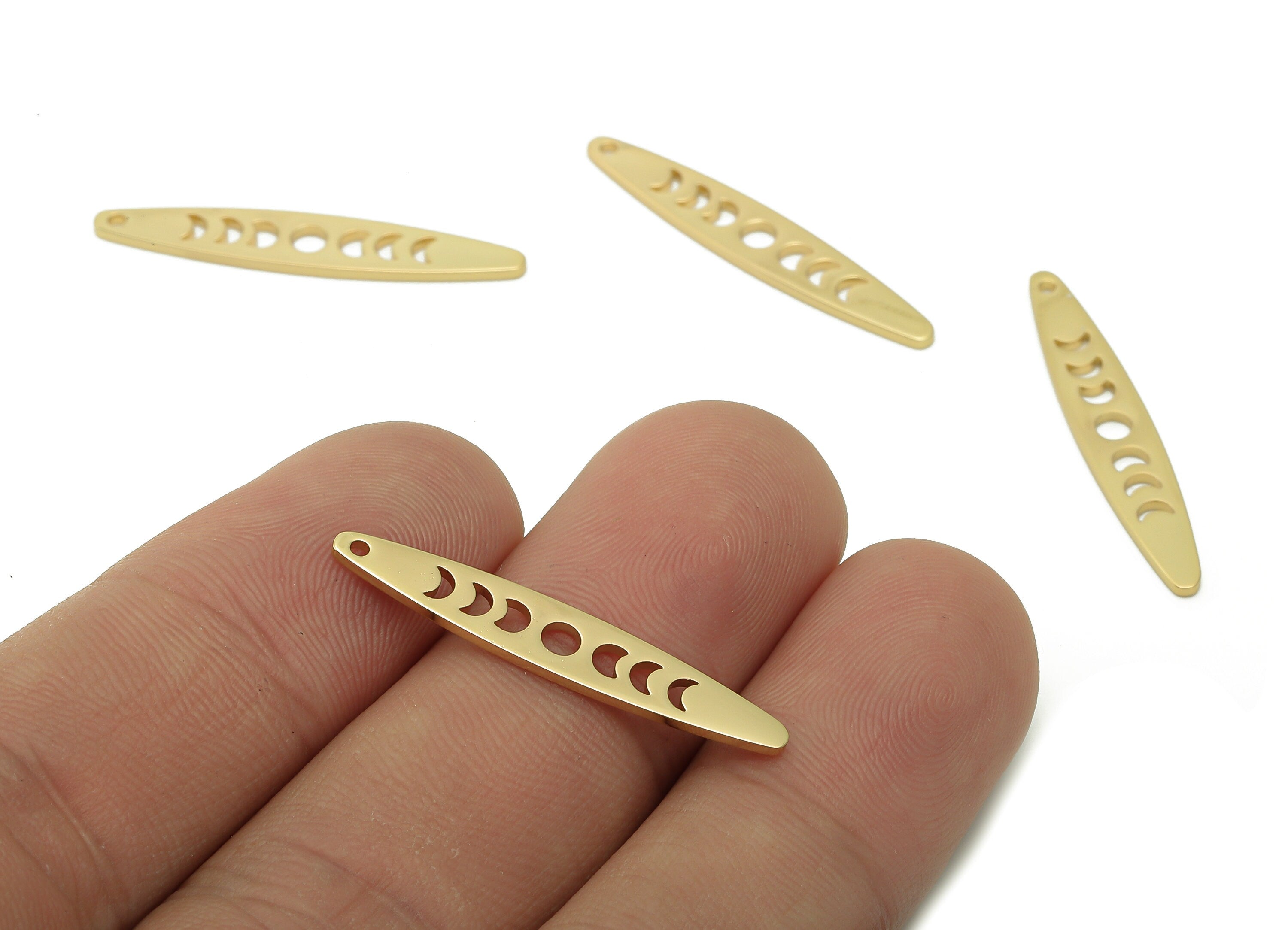 Steel Long Strip Marquise Earring - Phases Of The Moon Pendant With Loop - 201 Stainless Steel - 18K Real Gold Plating - 30x5x1mm - SS1404G - DOMEDBAZAAR