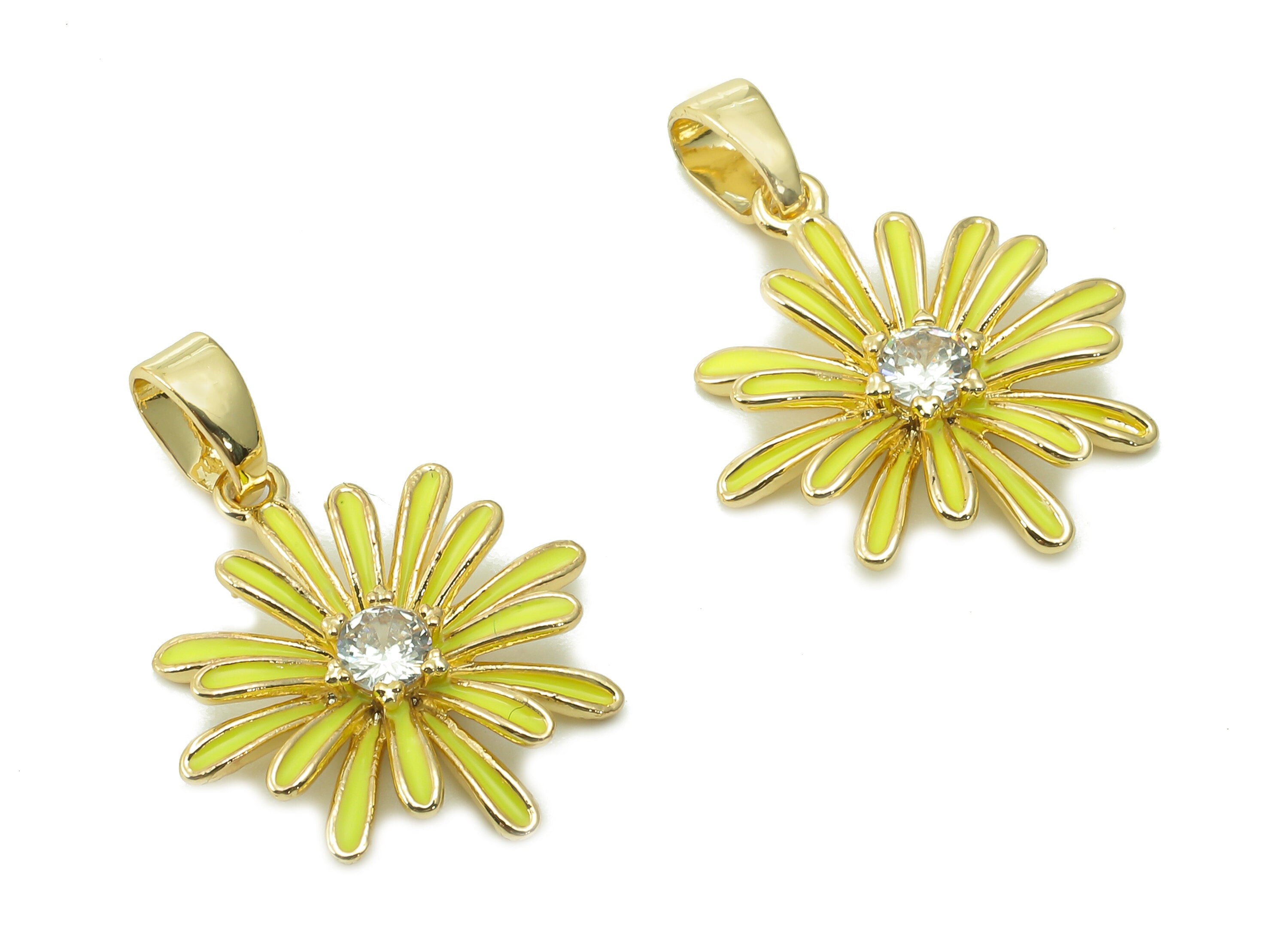 Brass Yellow Enamel Flower Pendant - Zircon Daisy Earring With Loop - Charm For Necklace - 18K Real Gold Plating - 17.4x15.1x2.7mm -RGP5421D - DOMEDBAZAAR