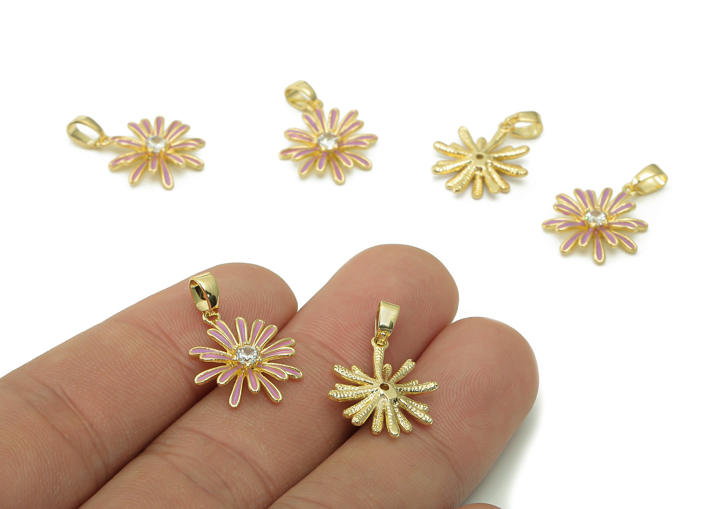 Brass Pink Enamel Flower Pendant - Zircon Daisy Earring With Loop - Charm For Necklace - 18K Real Gold Plating - 17.4x15.1x2.7mm - RGP5421C - DOMEDBAZAAR