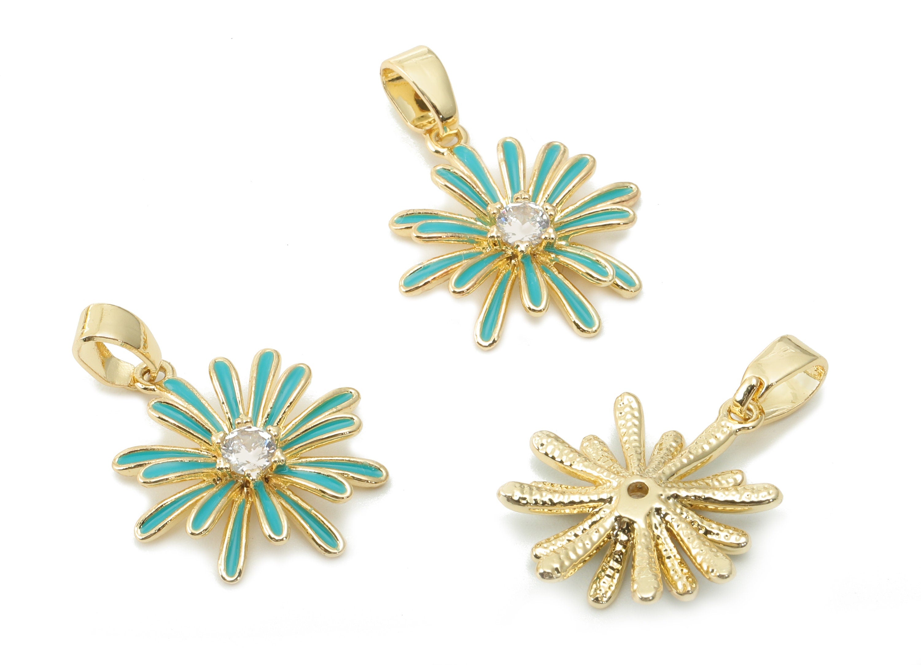 Brass Green Enamel Flower Pendant - Zircon Daisy Earring With Loop - Charm For Necklace - 18K Real Gold Plating - 17.4x15.1x2.7mm - RGP5421E - DOMEDBAZAAR