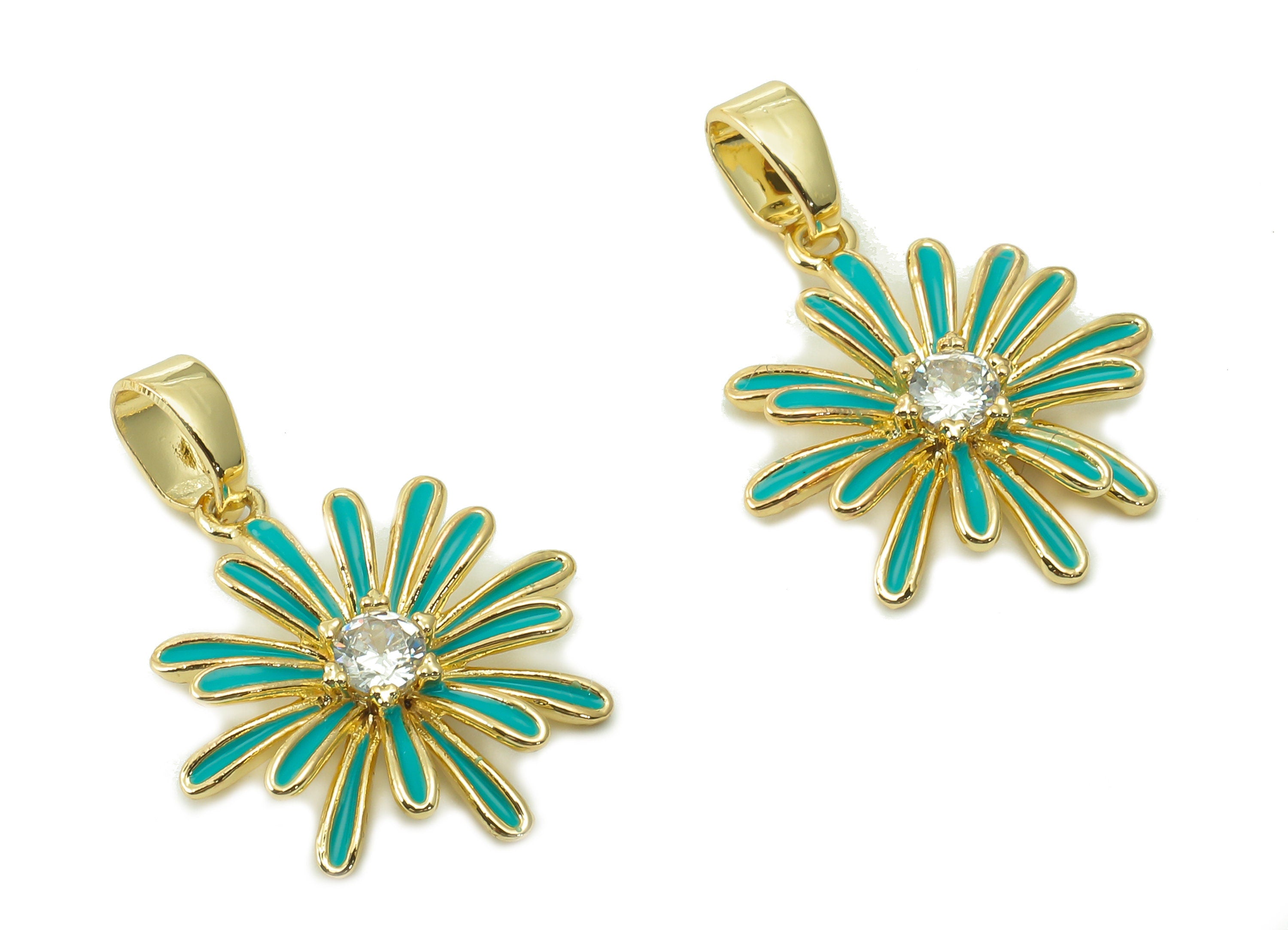 Brass Green Enamel Flower Pendant - Zircon Daisy Earring With Loop - Charm For Necklace - 18K Real Gold Plating - 17.4x15.1x2.7mm - RGP5421E - DOMEDBAZAAR