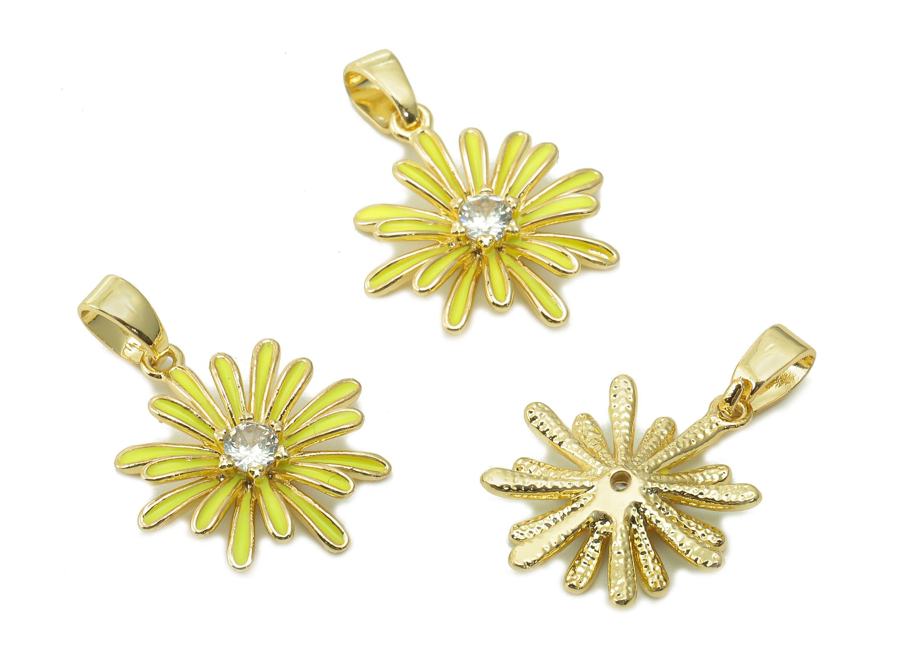 Brass Yellow Enamel Flower Pendant - Zircon Daisy Earring With Loop - Charm For Necklace - 18K Real Gold Plating - 17.4x15.1x2.7mm -RGP5421D - DOMEDBAZAAR