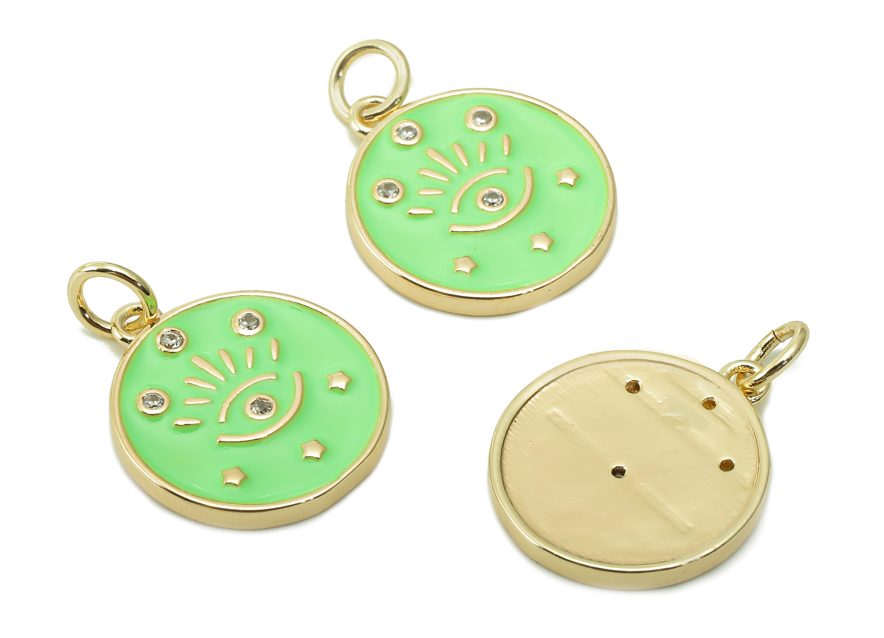 Brass Round Eyelash Pendant - Zircon Eye Bright Green Enamel Earring - Star Charm With Loop - 18K Real Gold Plating -17.1x15x1.8mm-RGP5426B - DOMEDBAZAAR