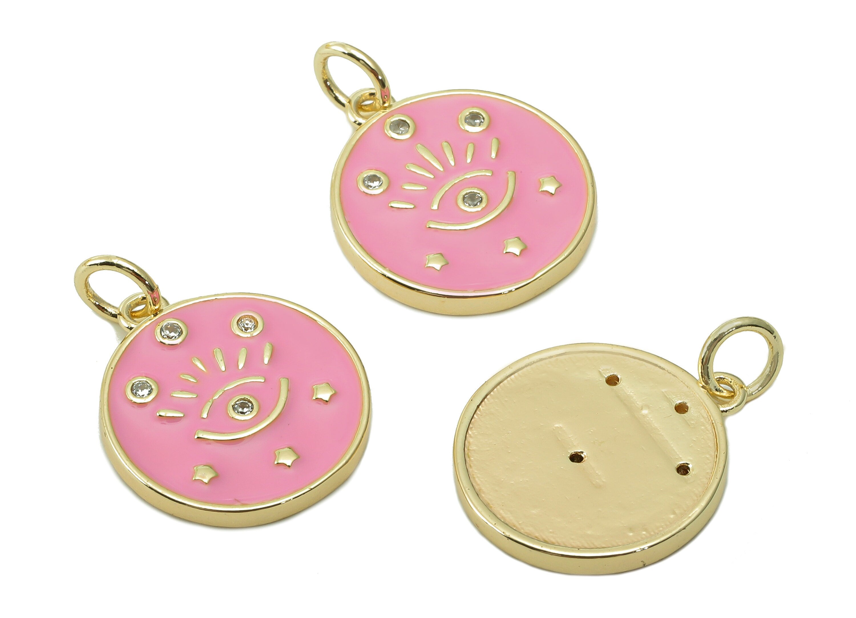 Brass Round Eyelash Pendant - Zircon Eye Light Pink Enamel Earring - Star Charm With Loop - 18K Real Gold Plating -17.1x15x1.8mm-RGP5426C - DOMEDBAZAAR