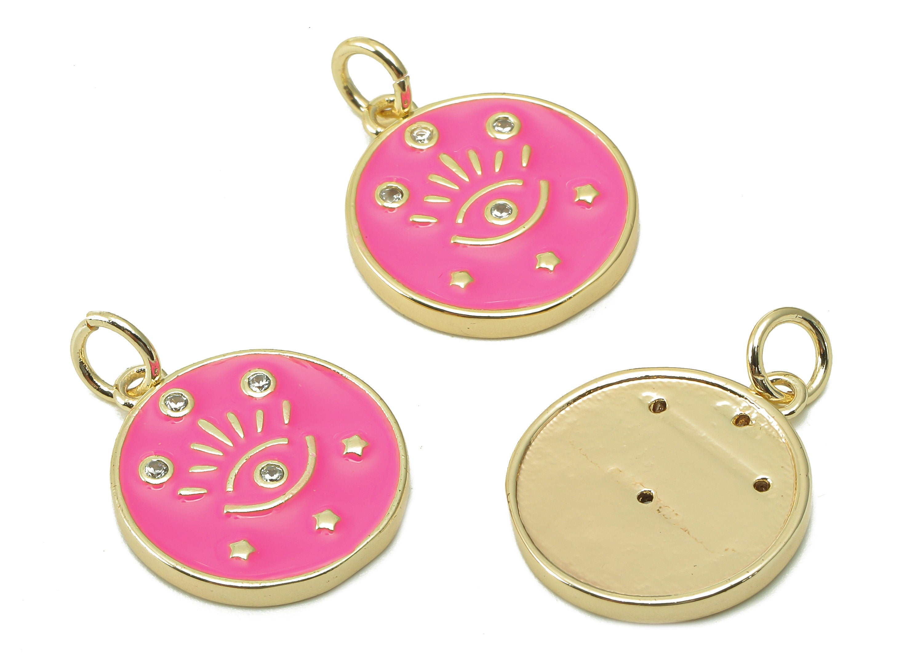 Brass Round Eyelash Pendant - Zircon Eye Bright Pink Enamel Earring - Star Charm With Loop - 18K Real Gold Plating -17.1x15x1.8mm-RGP5426D - DOMEDBAZAAR