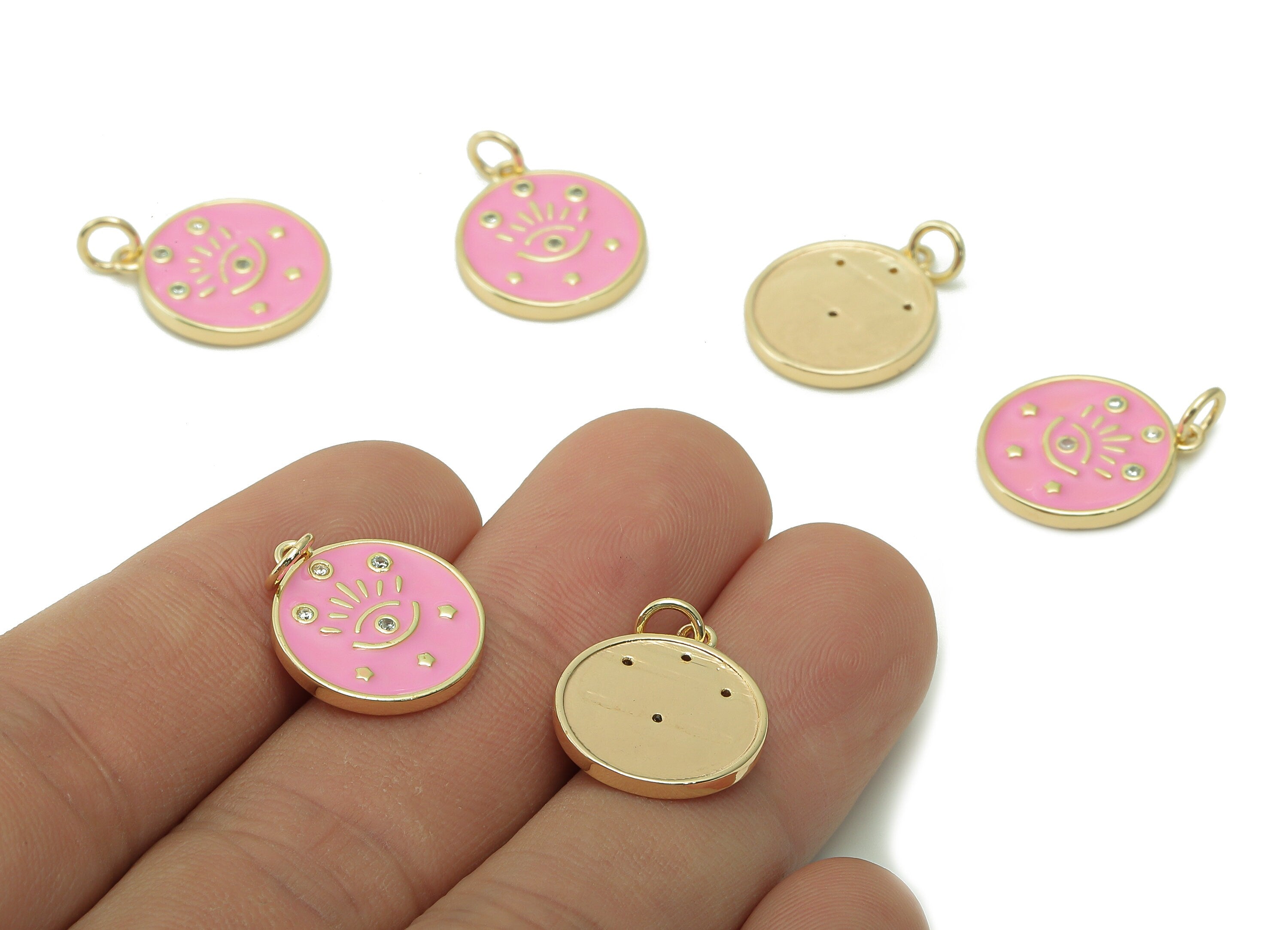 Brass Round Eyelash Pendant - Zircon Eye Light Pink Enamel Earring - Star Charm With Loop - 18K Real Gold Plating -17.1x15x1.8mm-RGP5426C - DOMEDBAZAAR