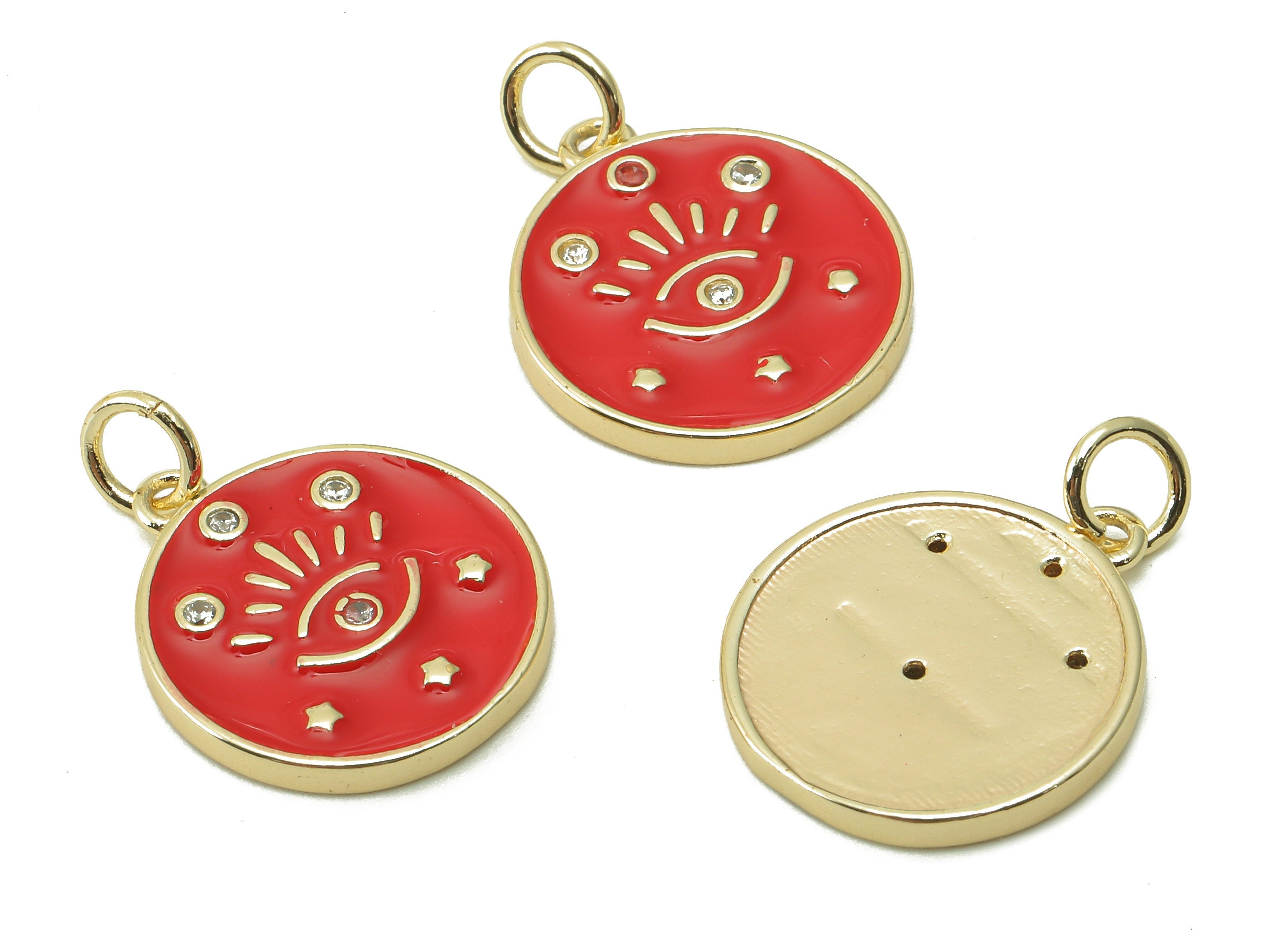 Brass Round Eyelash Pendant - Zircon Eye Red Enamel Earring - Star Bracelet Charm With Loop - 18K Real Gold Plating -17.1x15x1.8mm-RGP5426E - DOMEDBAZAAR