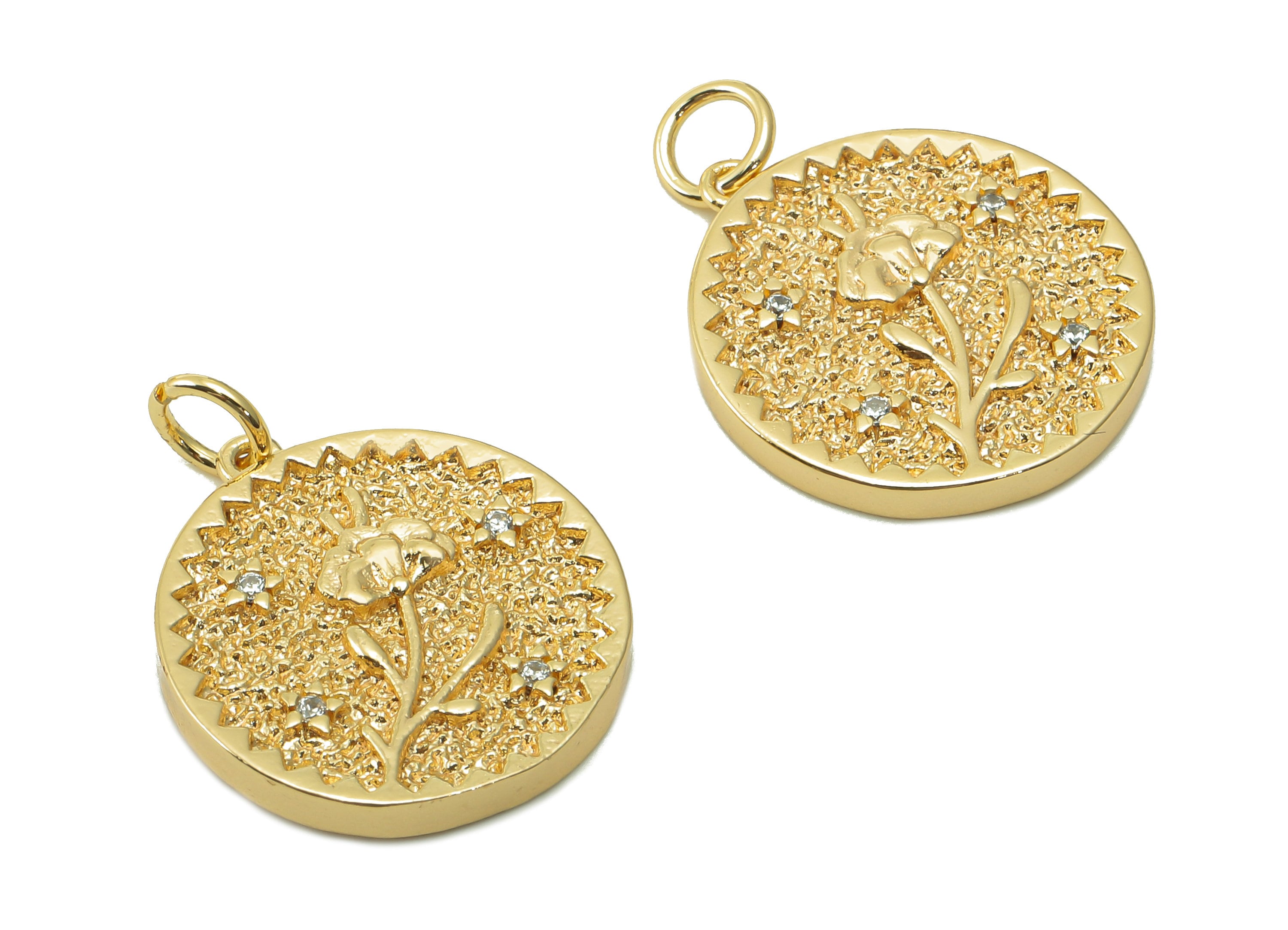 Brass Zig Zag Round Pendant - Zircon Flower Earring - Botanical Charm With Loop - 18K Real Gold Plating Necklace - 19.5x17.5x2.5mm -RGP5409B - DOMEDBAZAAR