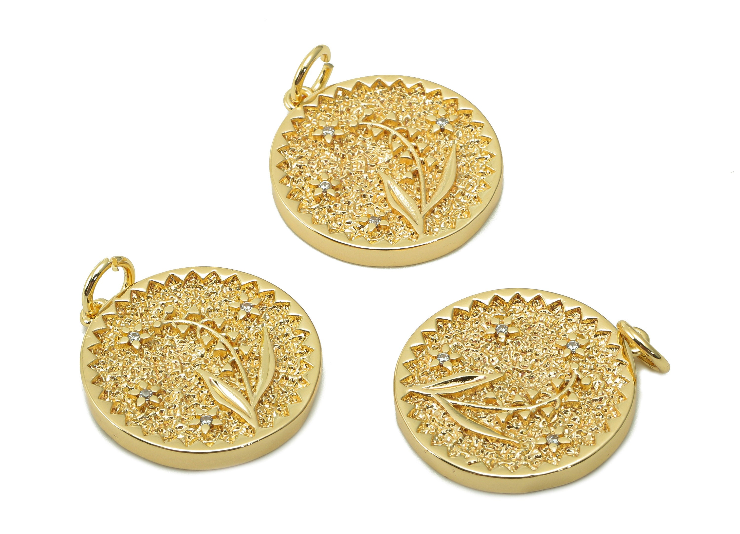 Brass Zig Zag Round Pendant - Zircon Flower Earring - Botanical Charm With Loop - 18K Real Gold Plating - 19.5x17.5x2.5mm - RGP5409C - DOMEDBAZAAR