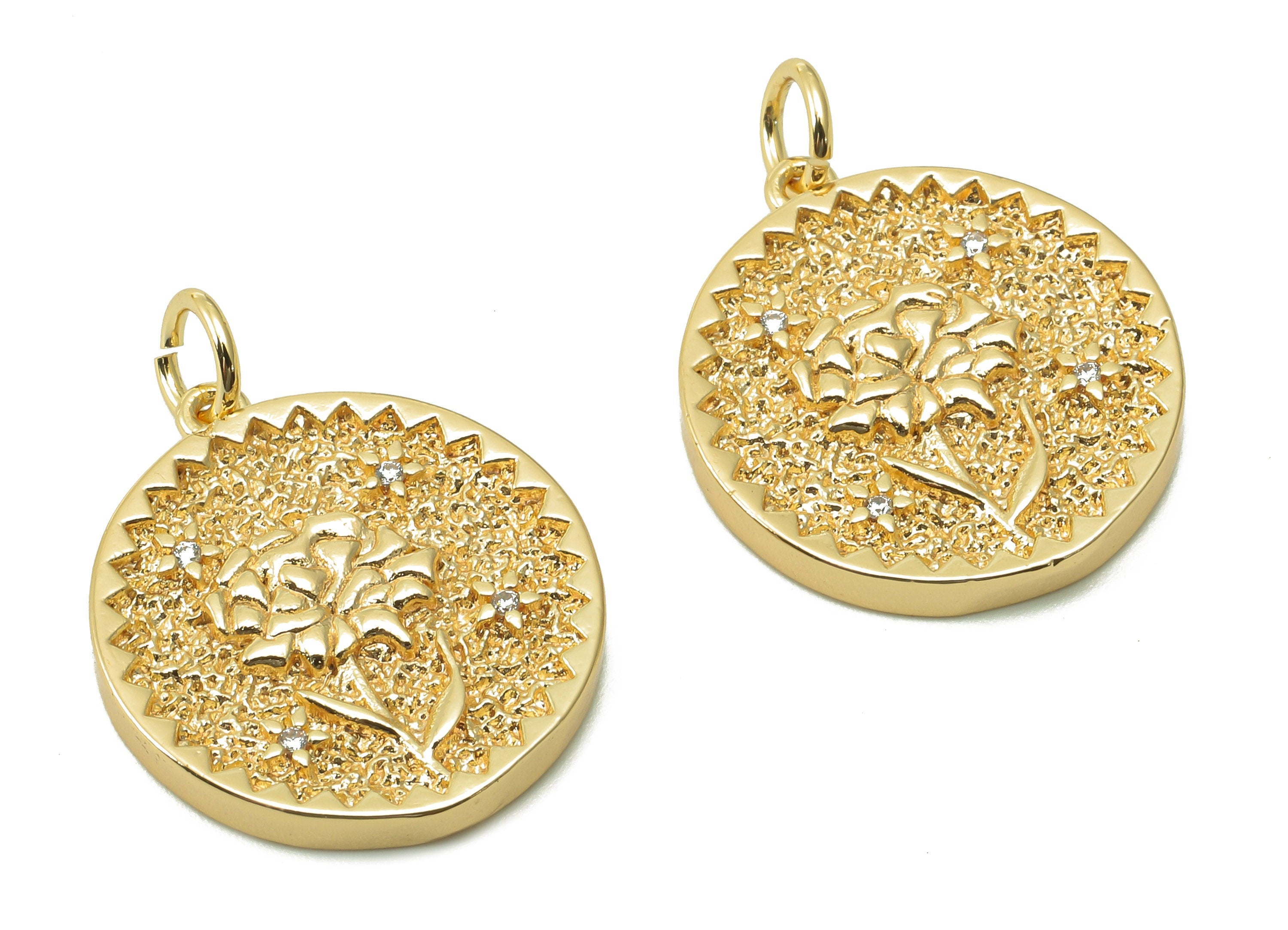 Brass Zig Zag Round Pendant - Zircon Rose Flower Earring - Botanical Charm With Loop - 18K Real Gold Plating - 19.5x17.5x2.5mm - RGP5409D - DOMEDBAZAAR