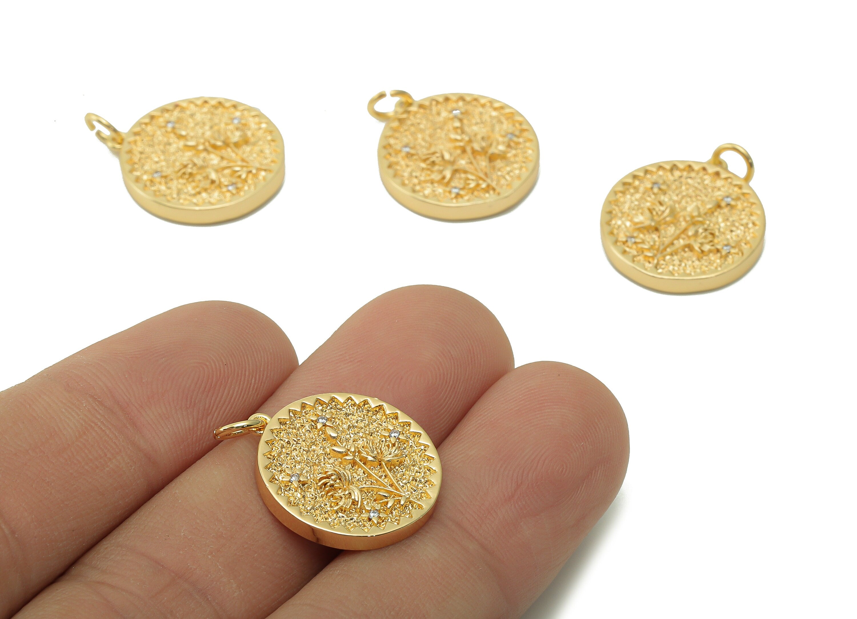 Brass Zig Zag Round Pendant - Zircon Red Spider Lily Earring - Botanical Charm With Loop - 18K Real Gold Plating - 19.5x17.5x2.5mm -RGP5409E - DOMEDBAZAAR