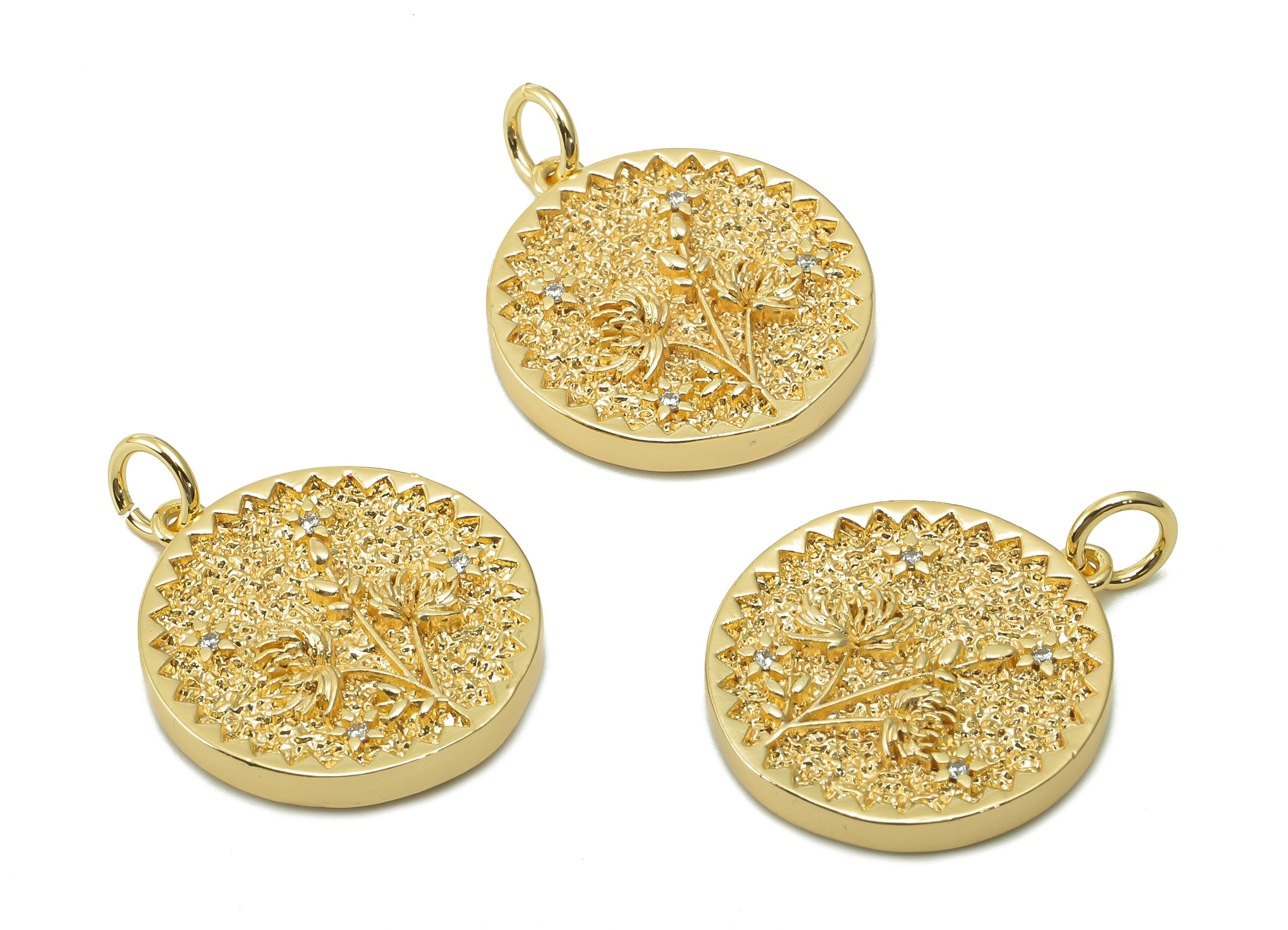 Brass Zig Zag Round Pendant - Zircon Red Spider Lily Earring - Botanical Charm With Loop - 18K Real Gold Plating - 19.5x17.5x2.5mm -RGP5409E - DOMEDBAZAAR