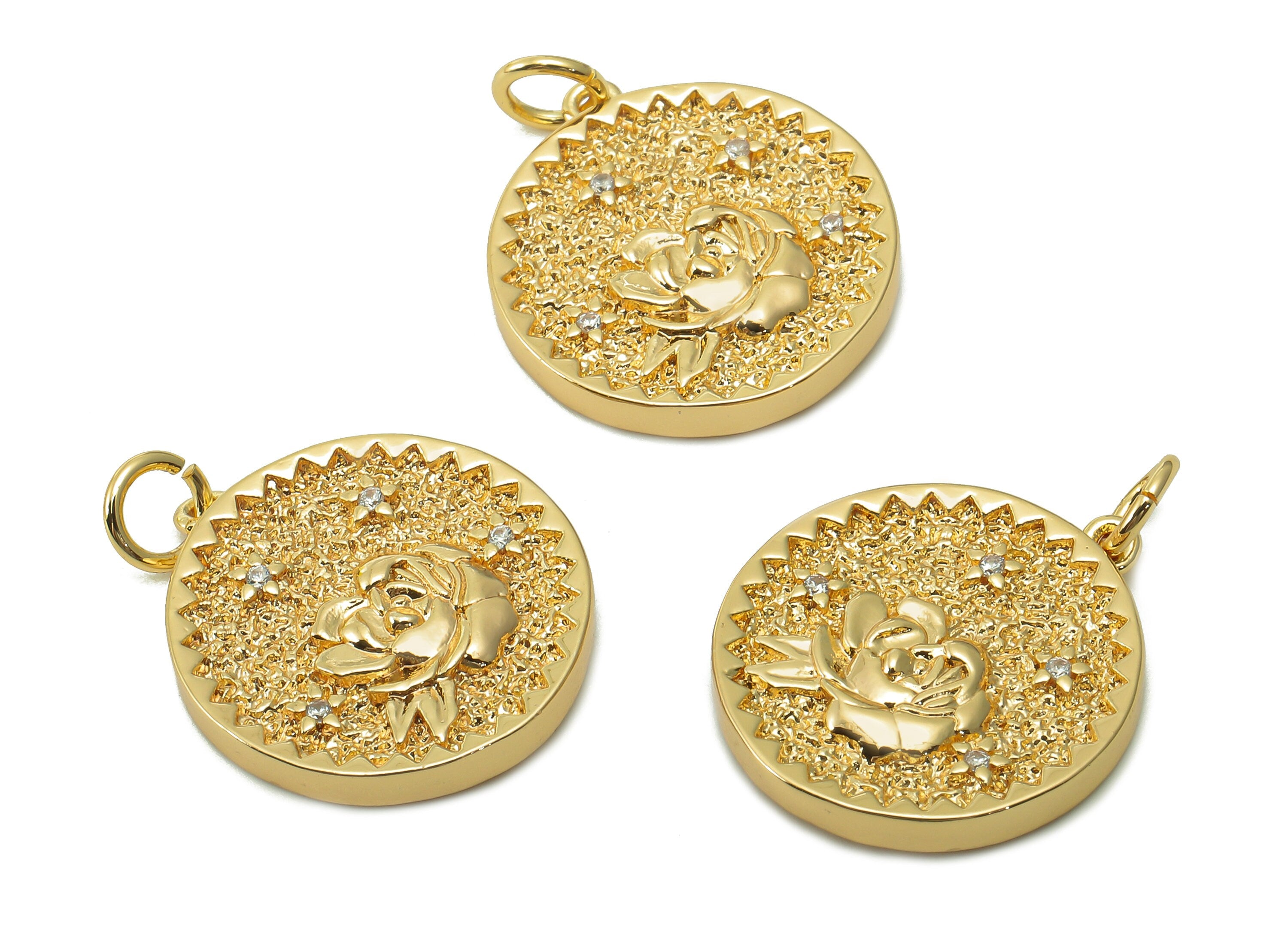 Brass Zig Zag Round Pendant - Zircon Ixora Flower Earring - Botanical Charm With Loop - 18K Real Gold Plating - 19.5x17.5x2.5mm - RGP5409F - DOMEDBAZAAR