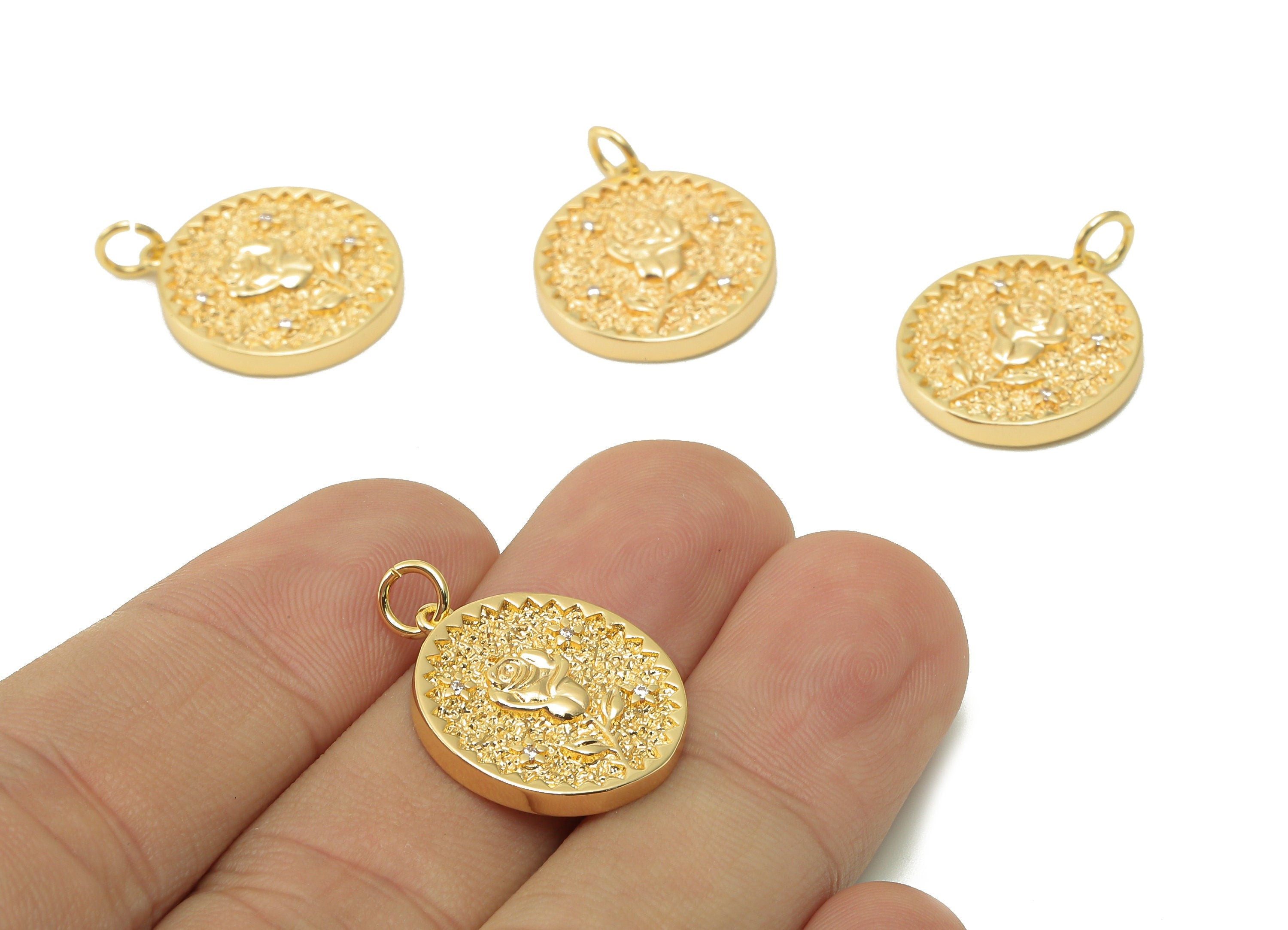 Brass Zig Zag Round Pendant - Zircon Rose Flower Earring - Botanical Charm With Loop - 18K Real Gold Plating - 19.5x17.5x2.5mm - RGP5409H - DOMEDBAZAAR