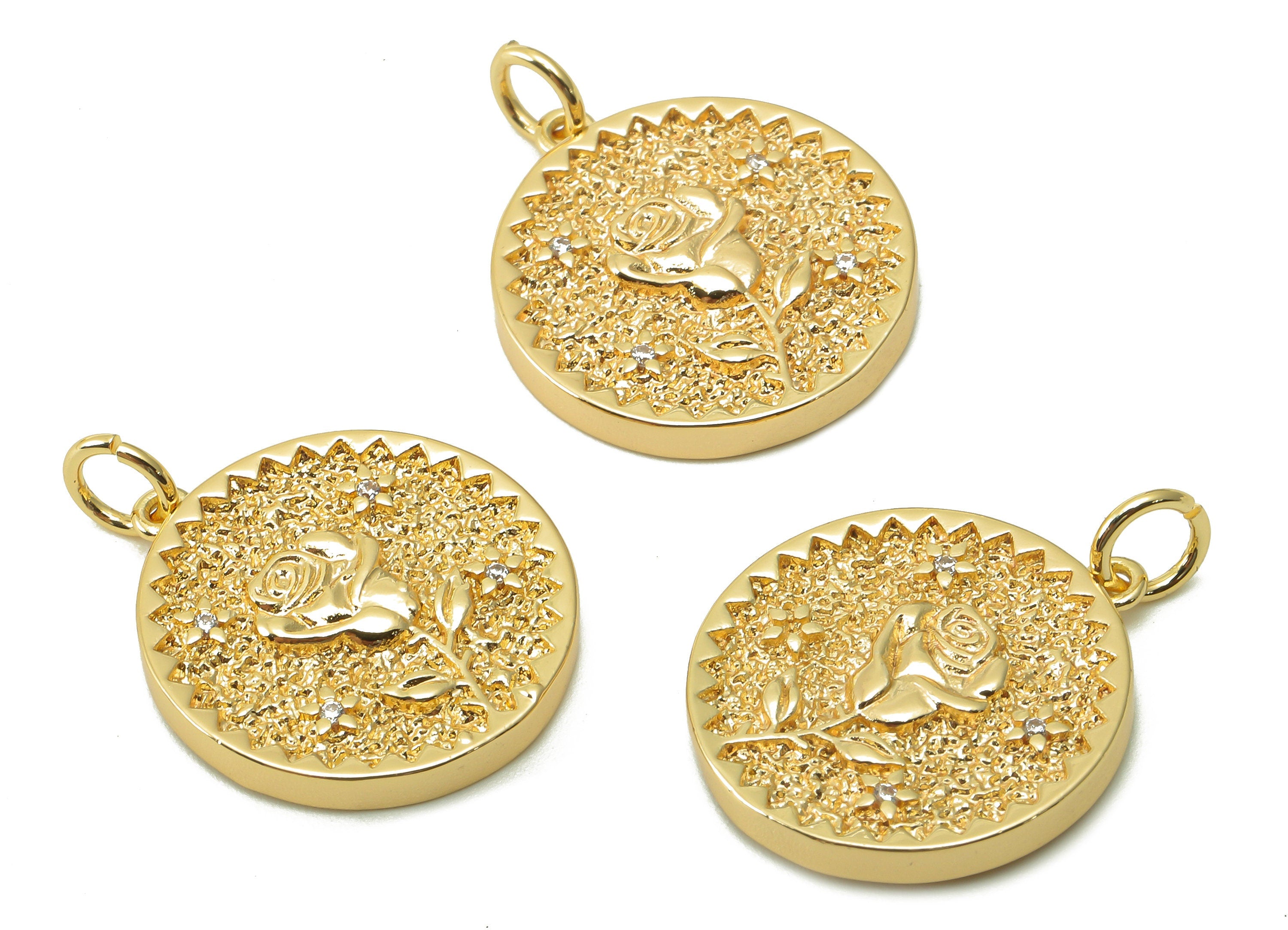 Brass Zig Zag Round Pendant - Zircon Rose Flower Earring - Botanical Charm With Loop - 18K Real Gold Plating - 19.5x17.5x2.5mm - RGP5409H - DOMEDBAZAAR