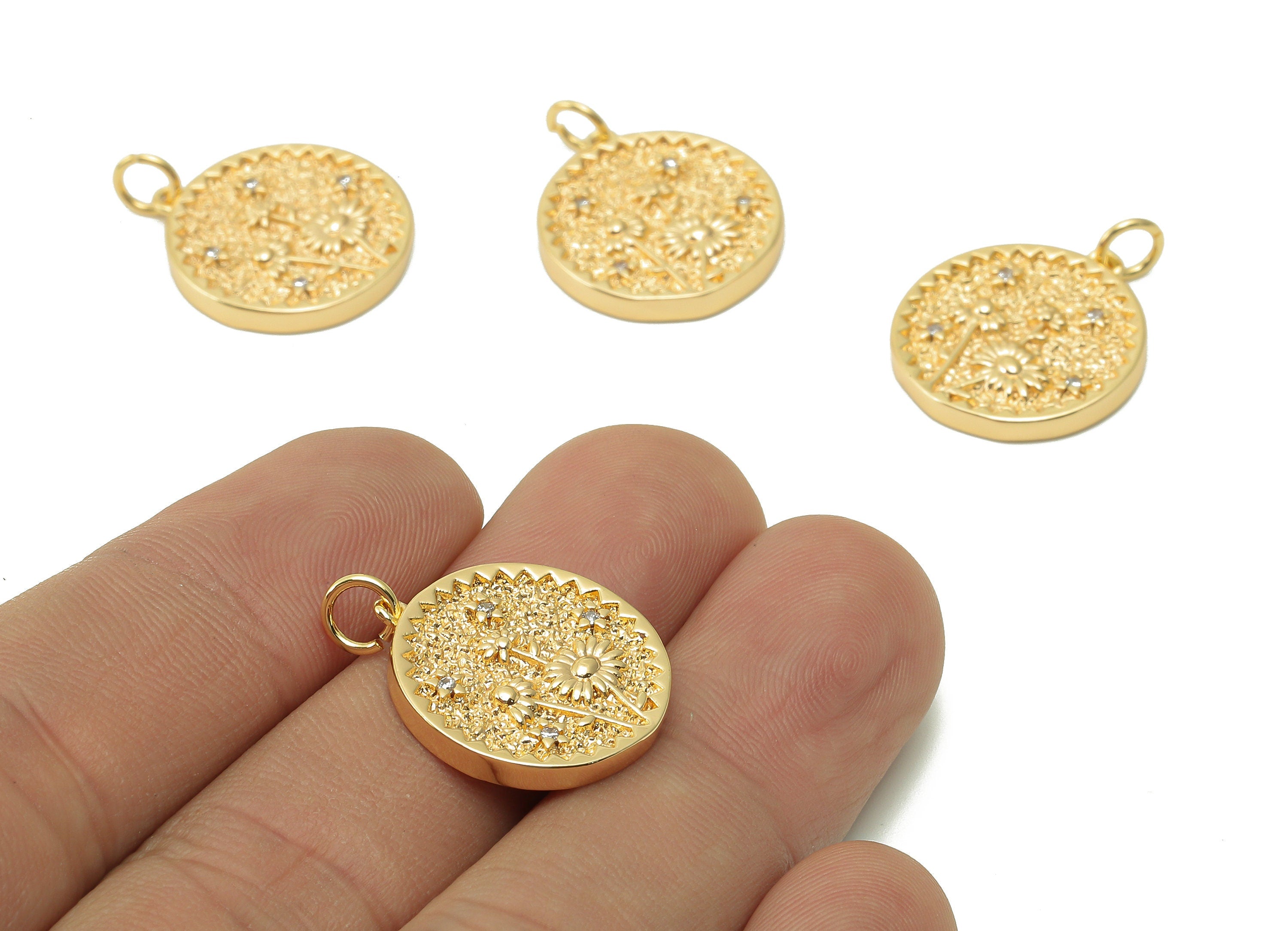 Brass Zig Zag Round Pendant - Zircon Daisy Flower Earring - Botanical Charm With Loop - 18K Real Gold Plating - 19.5x17.5x2.5mm - RGP5409J - DOMEDBAZAAR
