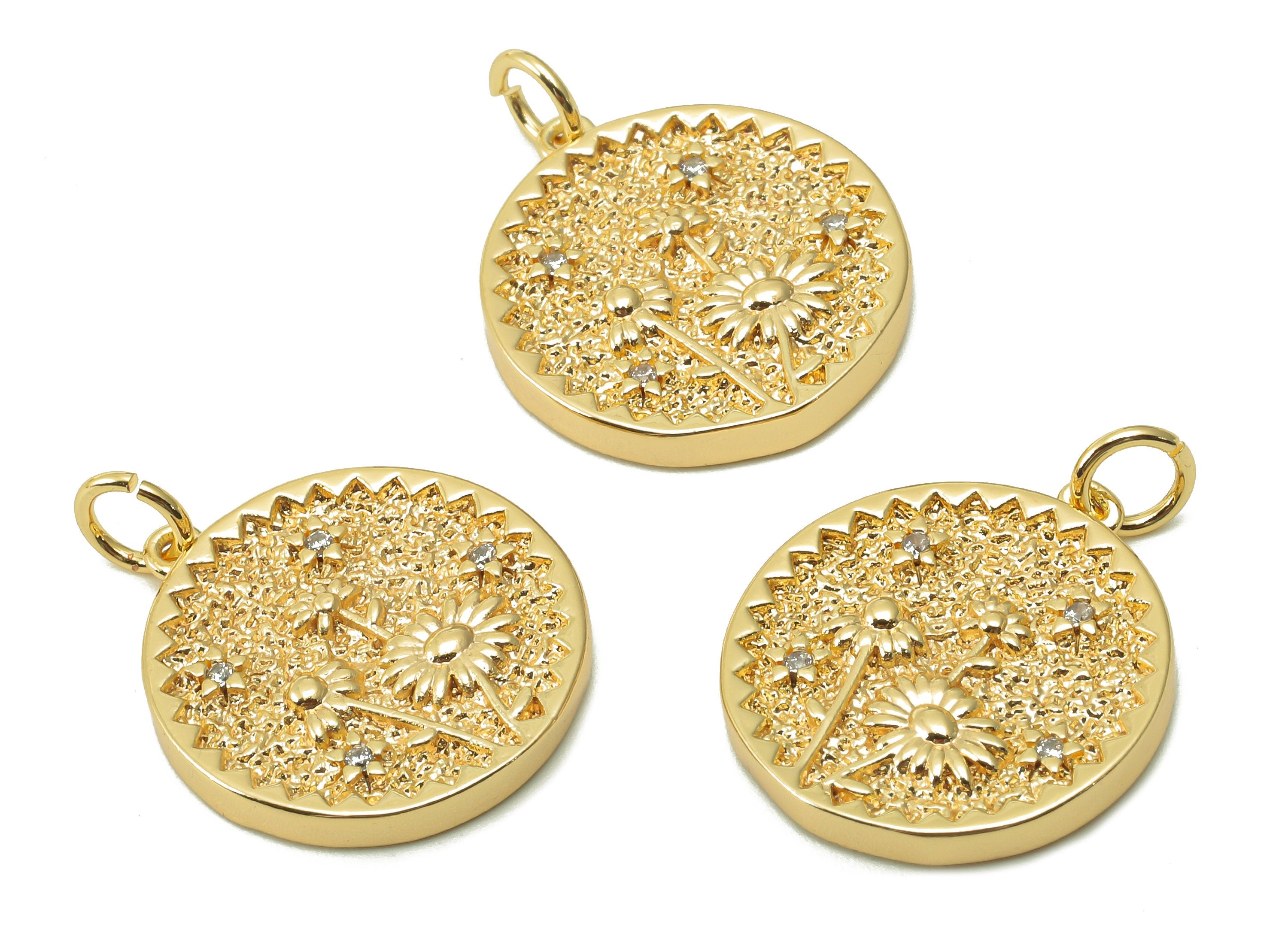 Brass Zig Zag Round Pendant - Zircon Daisy Flower Earring - Botanical Charm With Loop - 18K Real Gold Plating - 19.5x17.5x2.5mm - RGP5409J - DOMEDBAZAAR