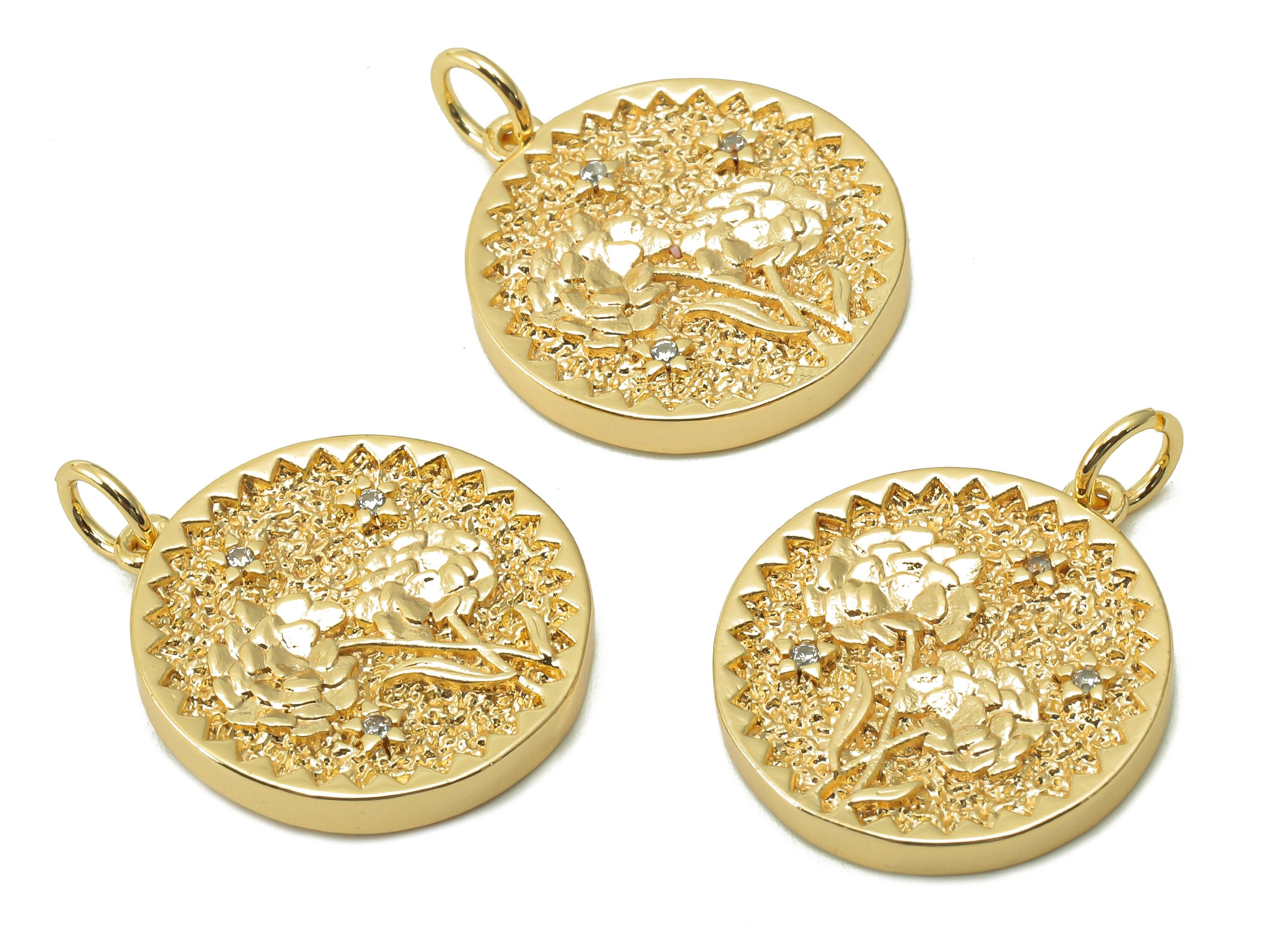 Brass Zig Zag Round Pendant - Zircon Carnation Flower Earring - Botanical Charm With Loop - 18K Real Gold Plating - 19.5x17.5x2.5mm-RGP5409K - DOMEDBAZAAR