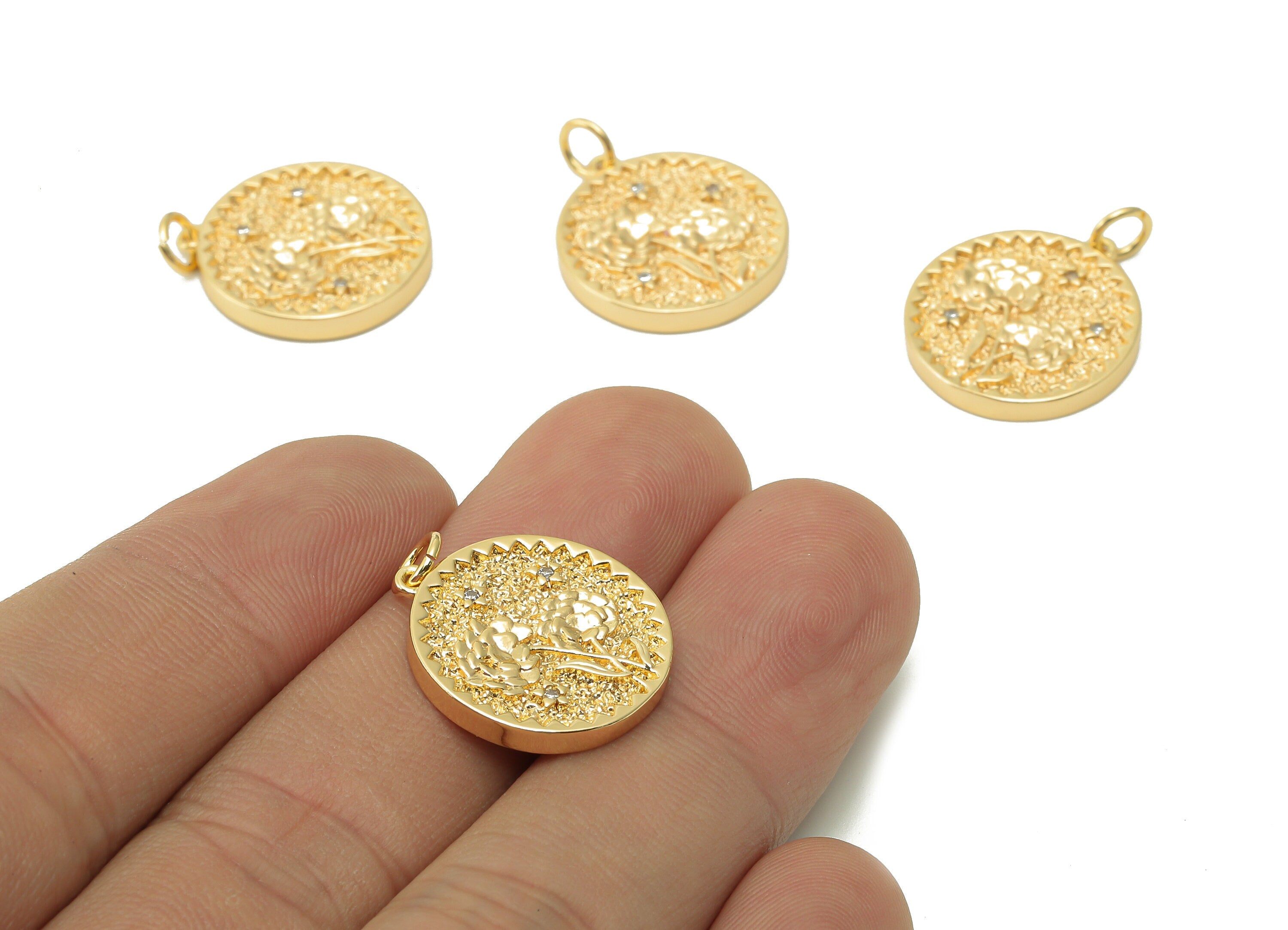 Brass Zig Zag Round Pendant - Zircon Carnation Flower Earring - Botanical Charm With Loop - 18K Real Gold Plating - 19.5x17.5x2.5mm-RGP5409K - DOMEDBAZAAR