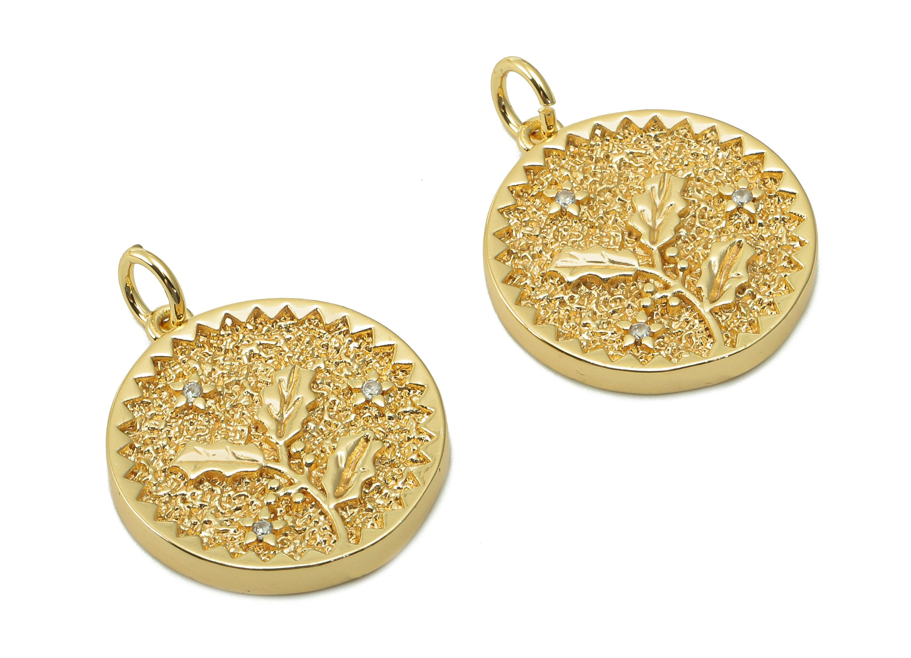 Brass Zig Zag Round Pendant - Zircon Flower Earring - Botanical Charm With Loop - 18K Real Gold Plating Necklace - 19.5x17.5x2.5mm-RGP5409M - DOMEDBAZAAR